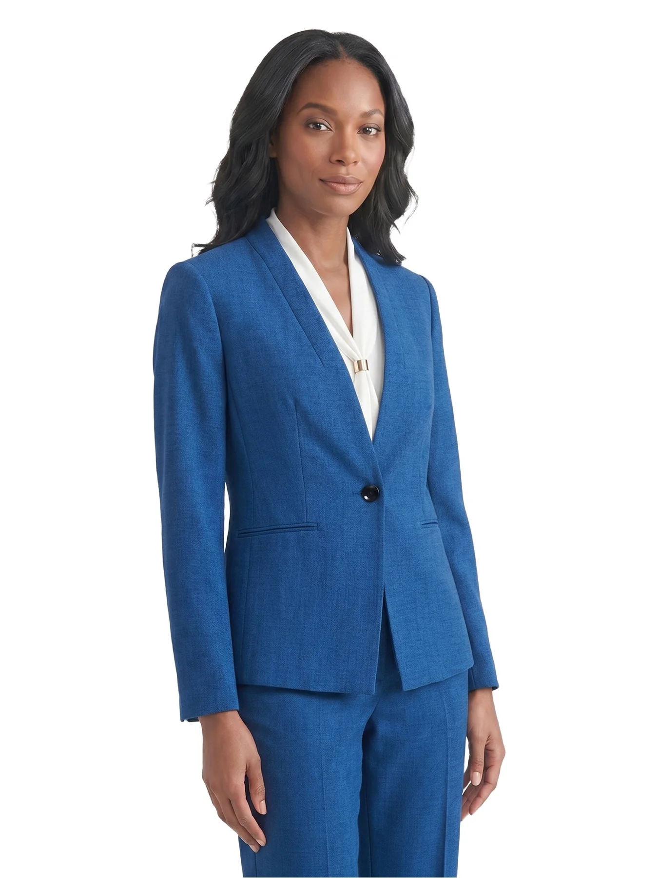 Collarless One Button Jacket, Pebble Crepe - Image 2
