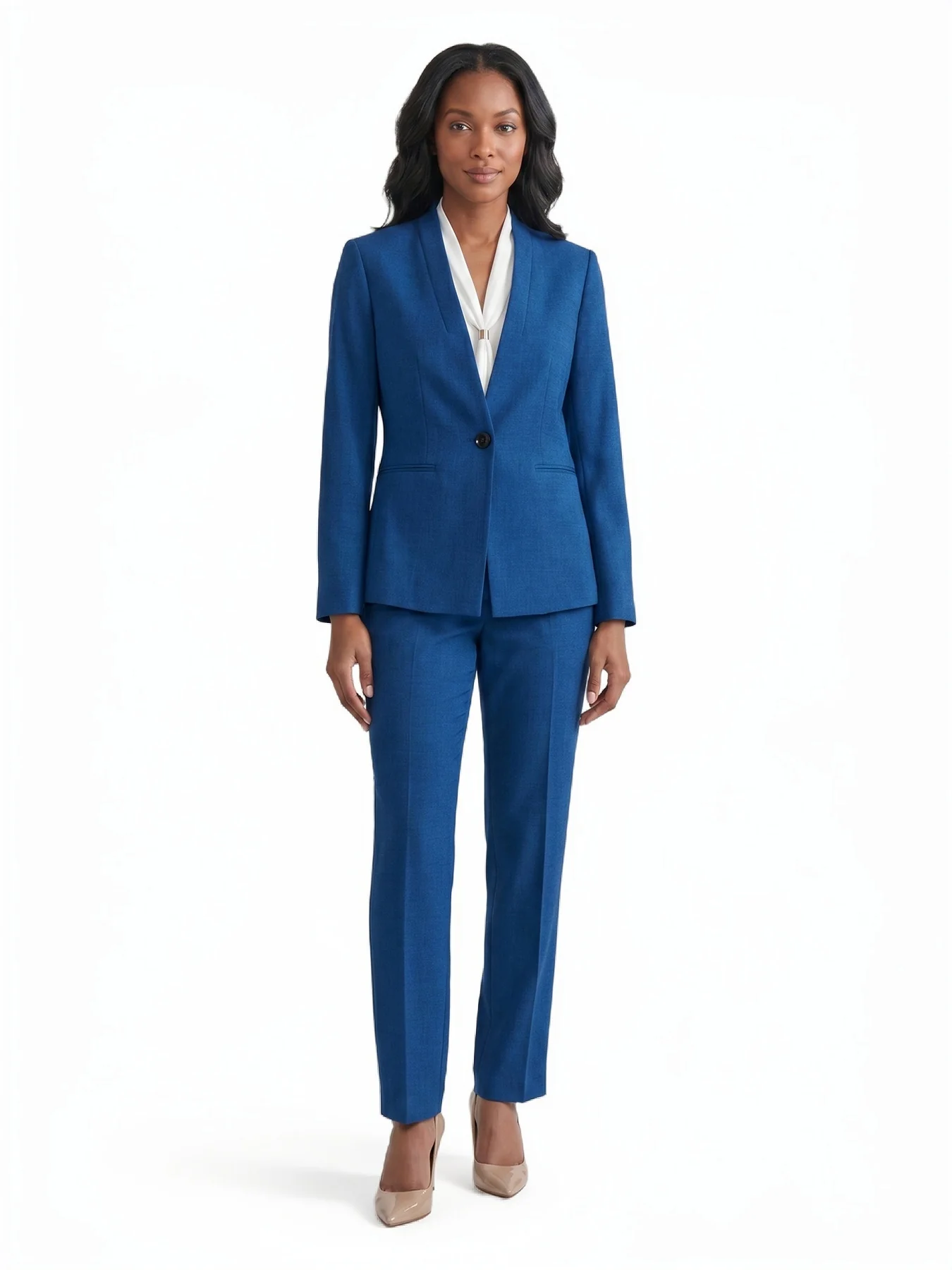 Collarless One Button Jacket, Pebble Crepe - Image 5