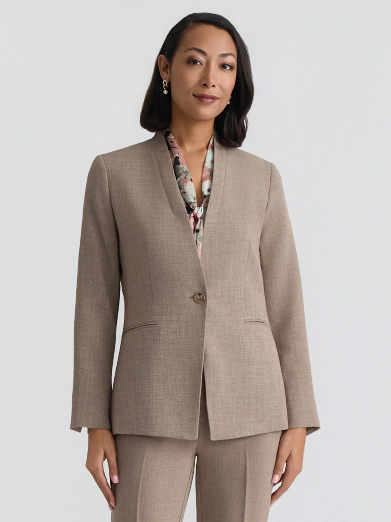Collarless One Button Jacket, Pebble Crepe