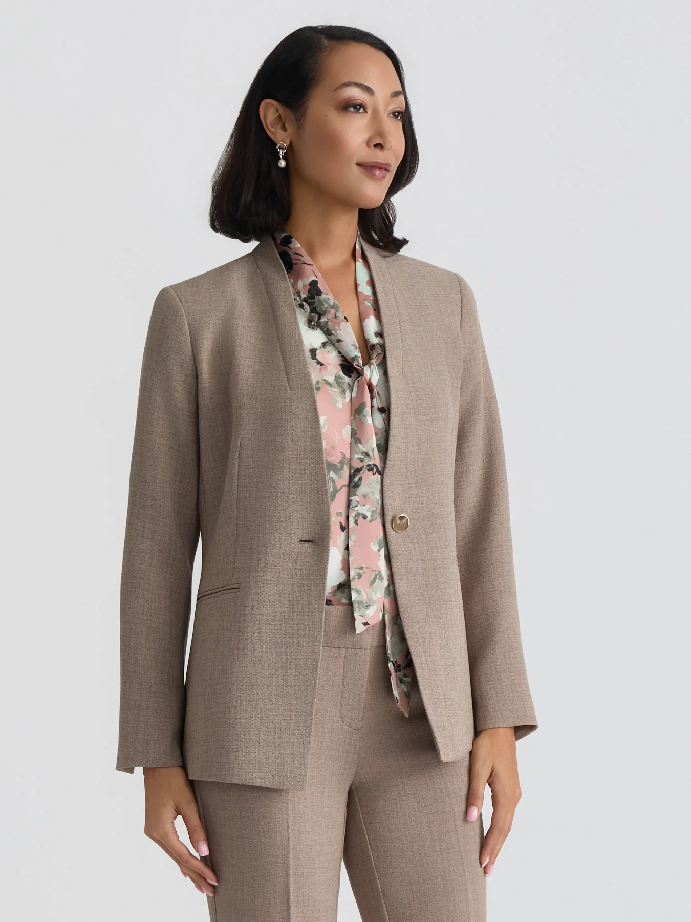 Collarless One Button Jacket, Pebble Crepe - Image 2
