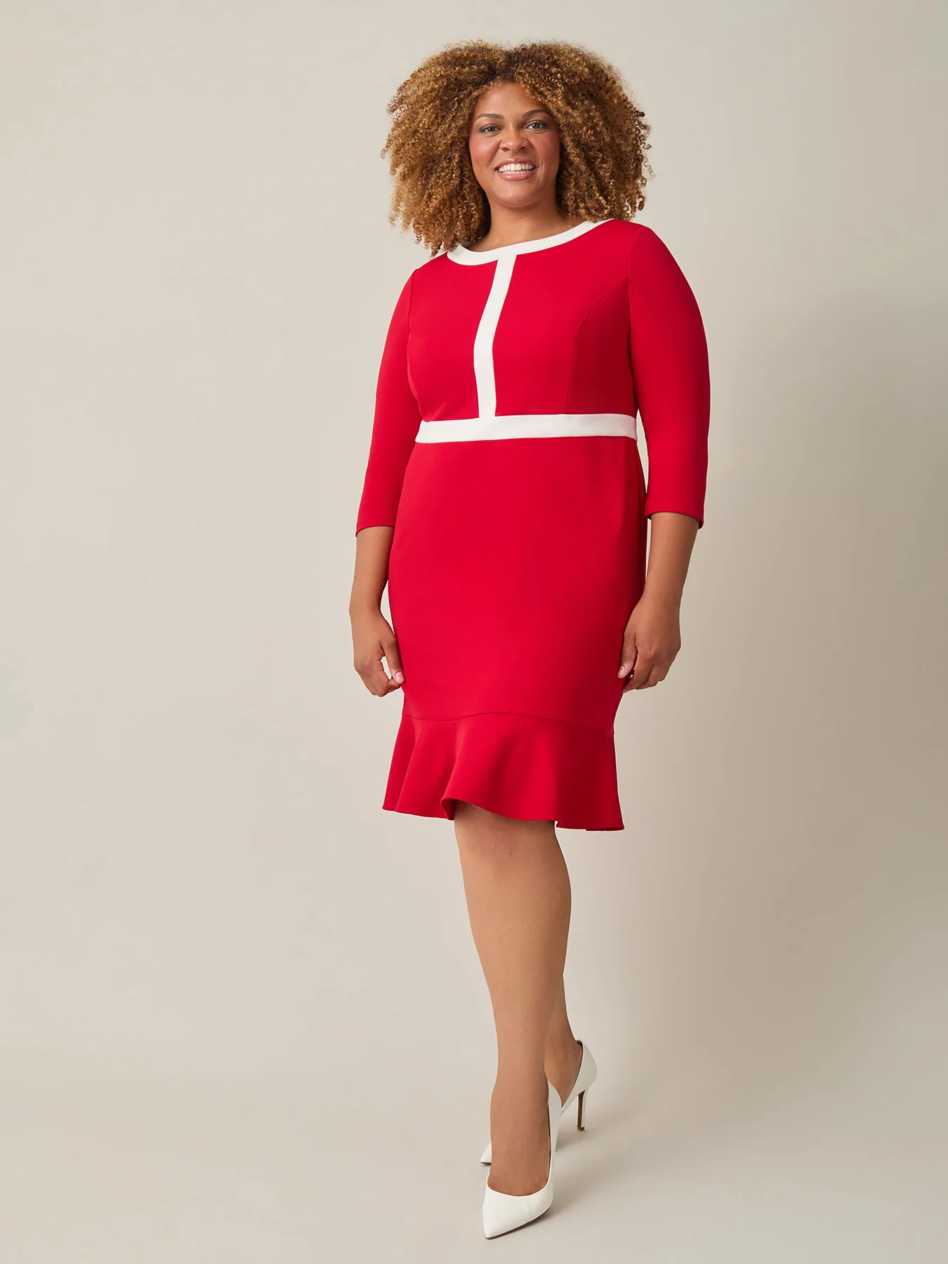 Colorblock Ruffle Hem Dress, Crimson/Cream - Image 3