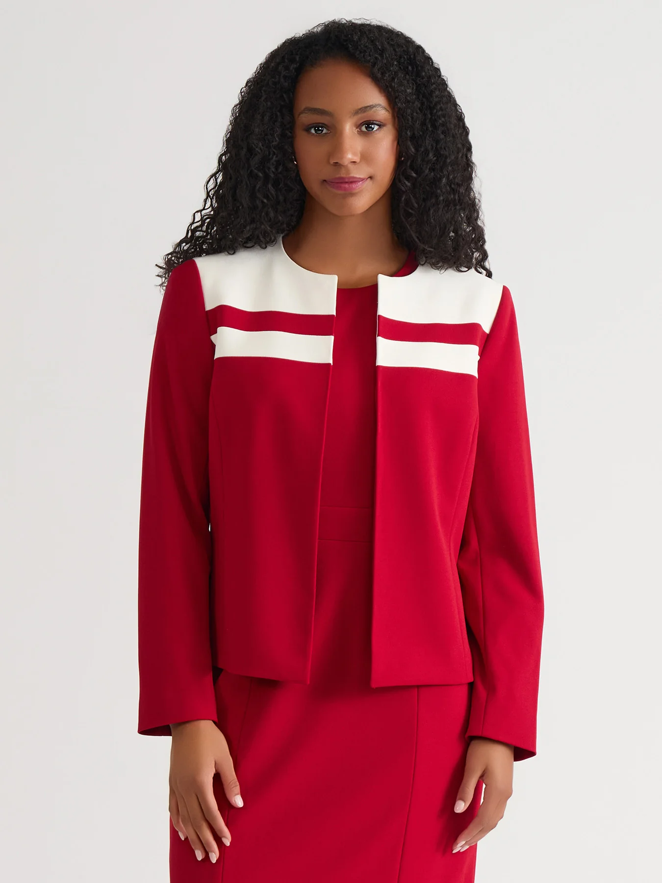 Contrast Paneling Open Front Cardigan, Crimson