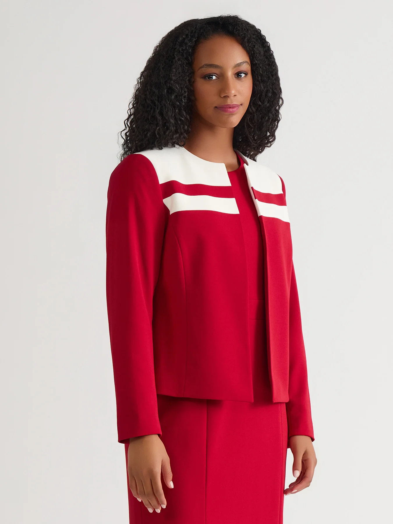 Contrast Paneling Open Front Cardigan, Crimson - Image 2
