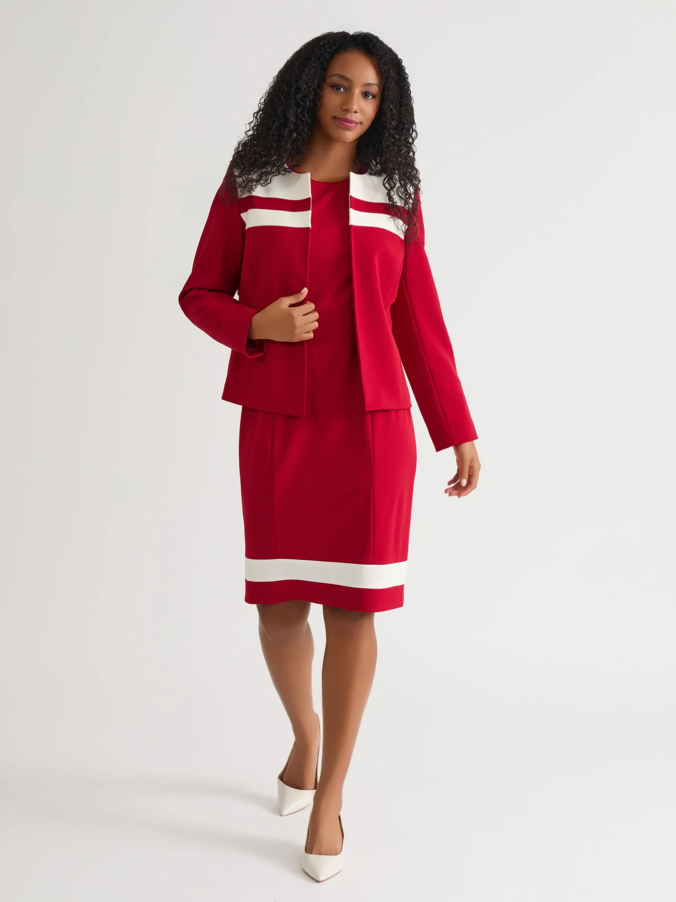 Contrast Paneling Open Front Cardigan, Crimson - Image 6