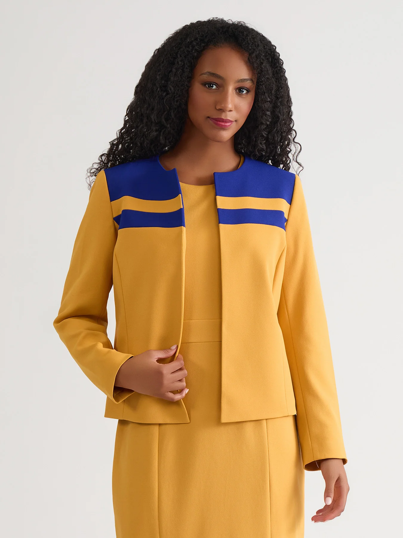 Contrast Paneling Open Front Cardigan, Gold Signature/Royal Signature