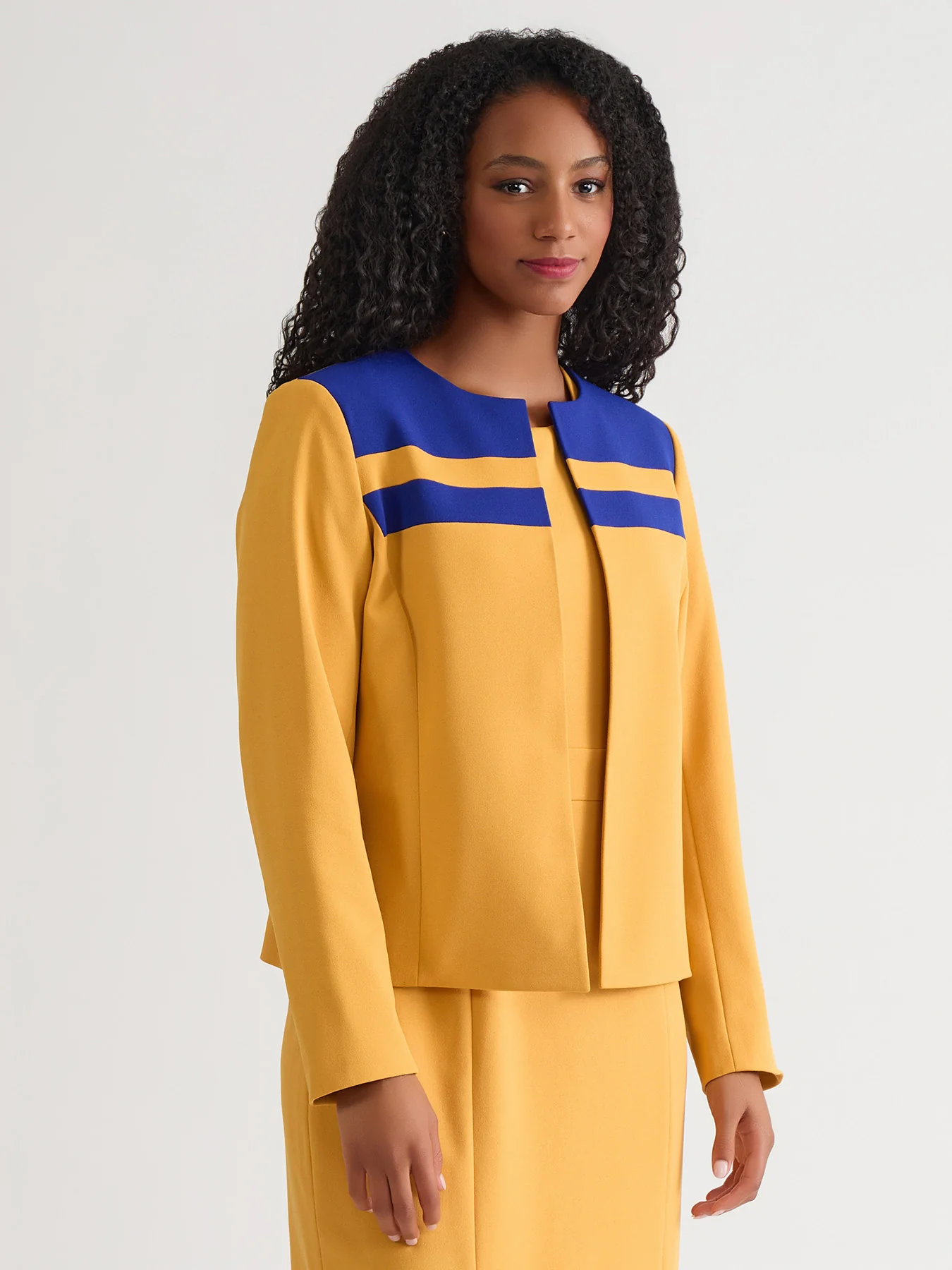 Contrast Paneling Open Front Cardigan, Gold Signature/Royal Signature - Image 2