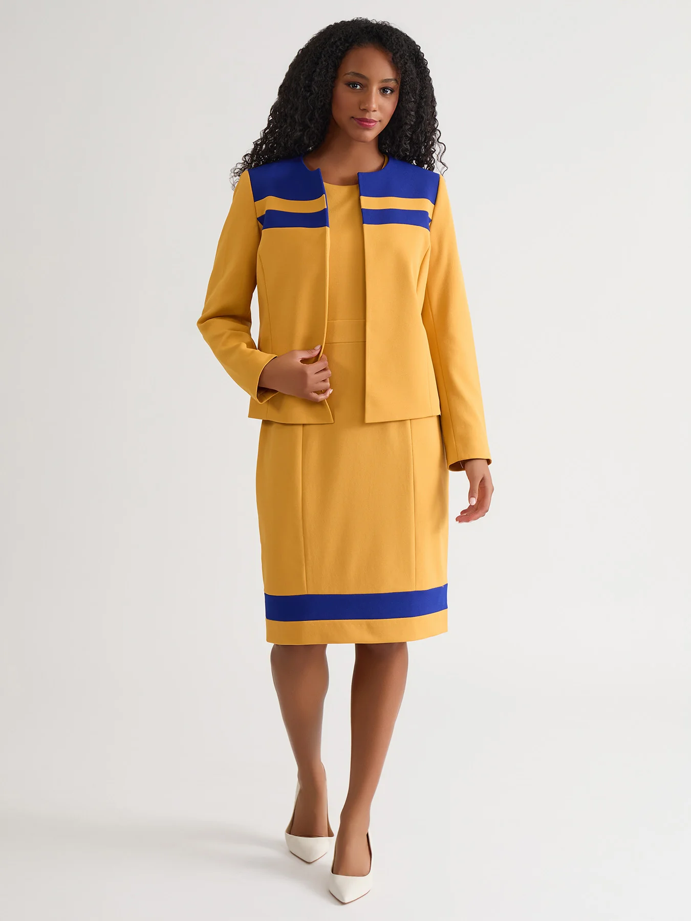 Contrast Paneling Open Front Cardigan, Gold Signature/Royal Signature - Image 5