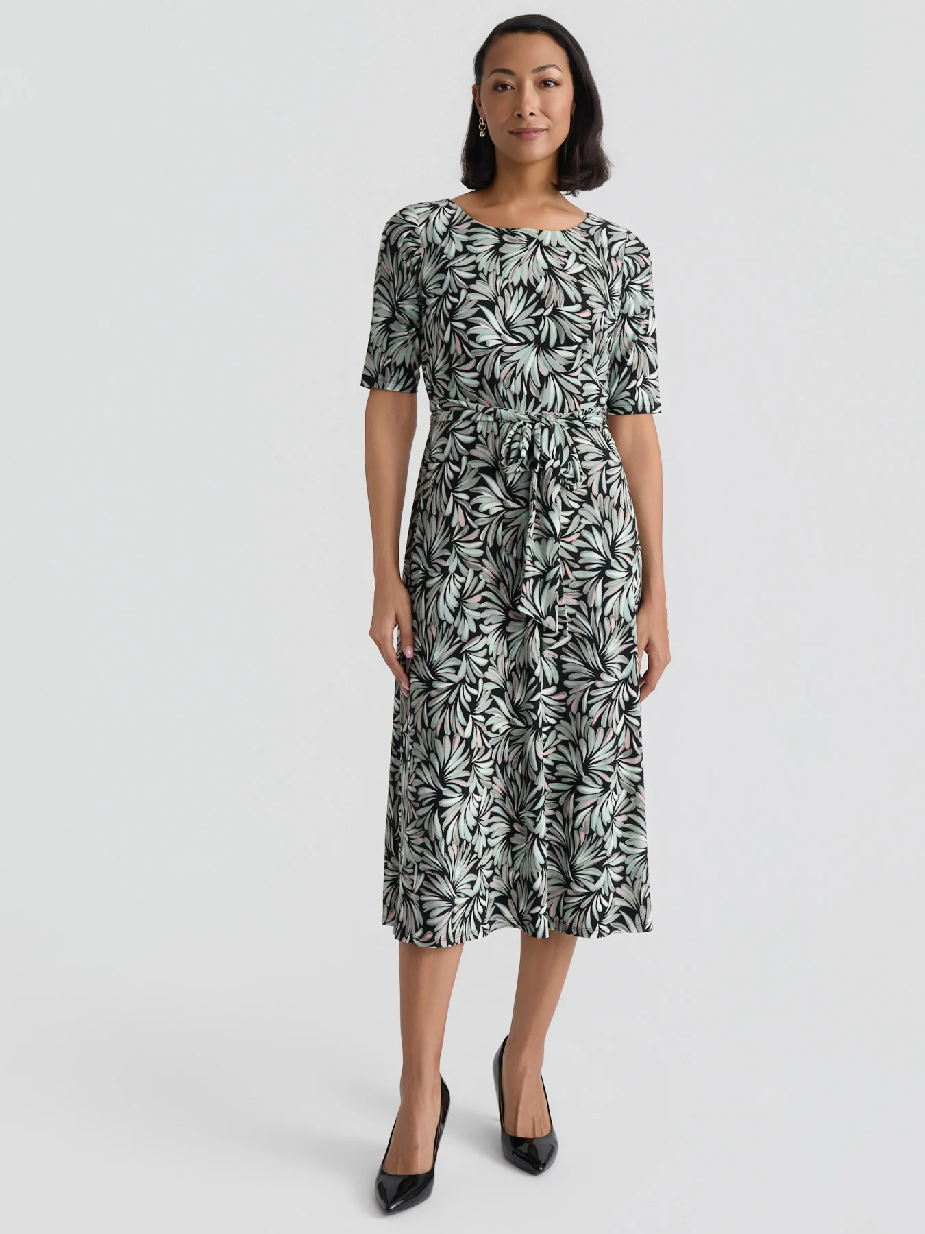 Plus Crew Neck Tie Waist Flare Dress, Everyday Knit