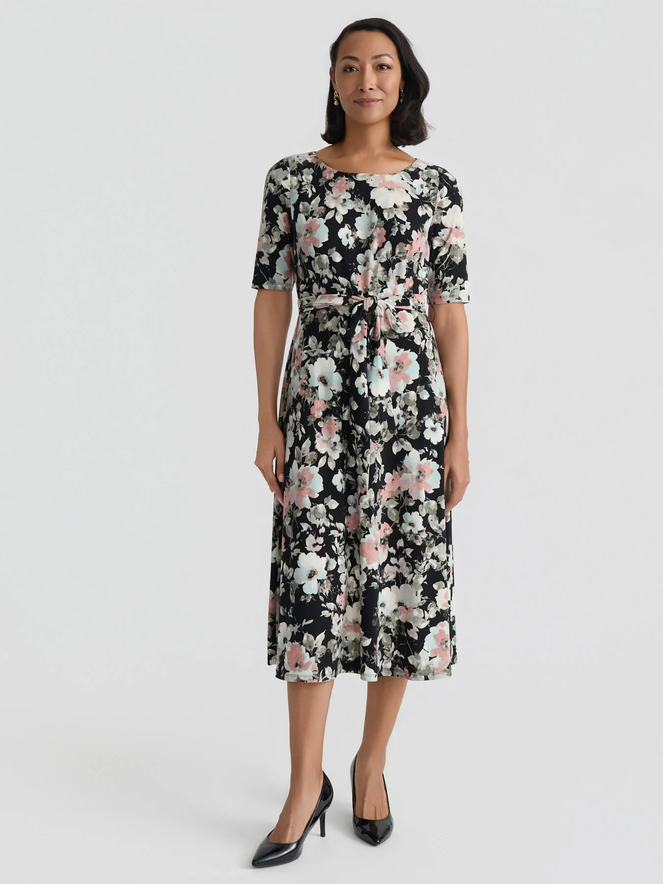 Plus Crew Neck Tie Waist Flare Dress, Everyday Knit