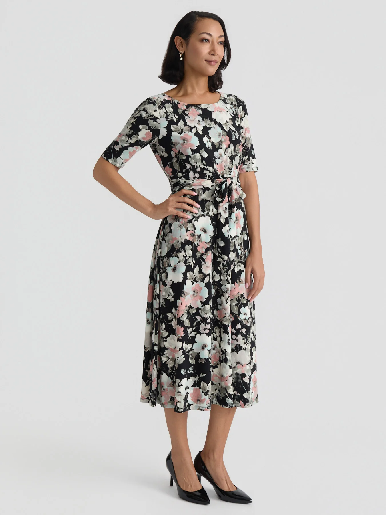 Plus Crew Neck Tie Waist Flare Dress, Everyday Knit - Image 3