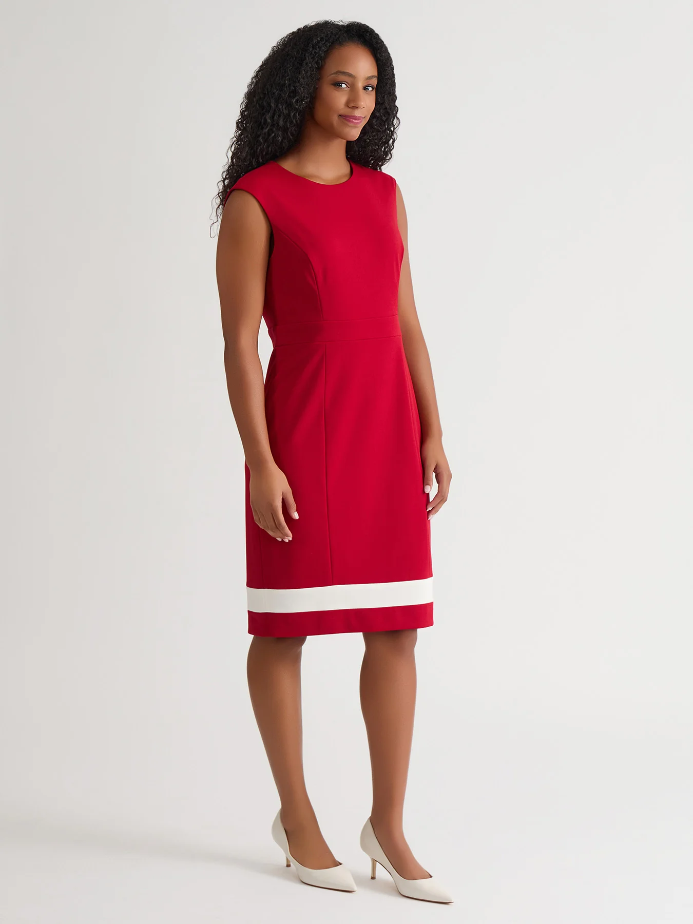 Extended Cap Sleeve Dress, Crimson/Cream - Image 2