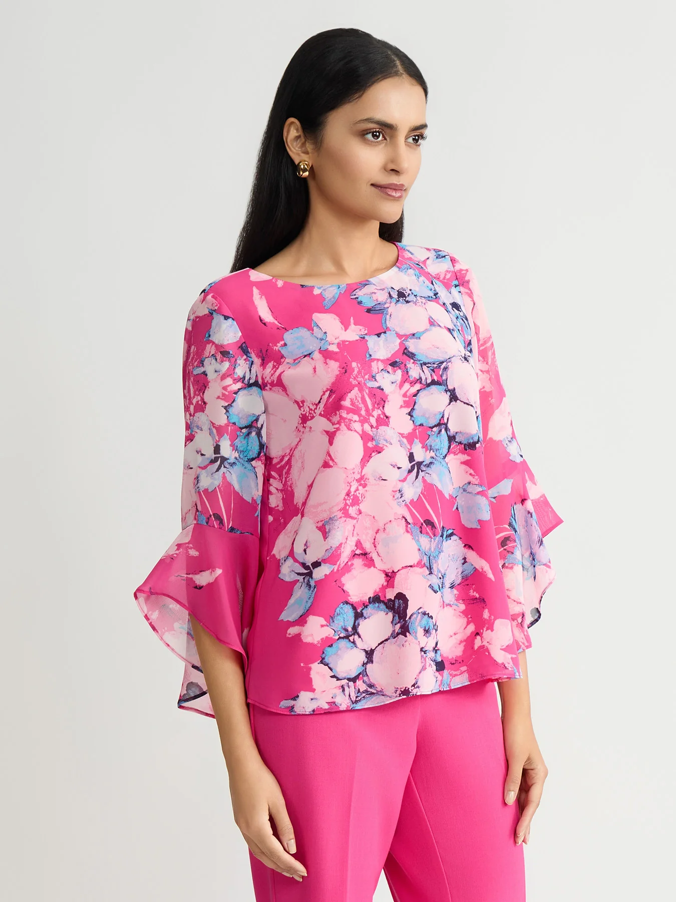 Flounce Sleeve Blouse, Printed Chiffon - Image 3