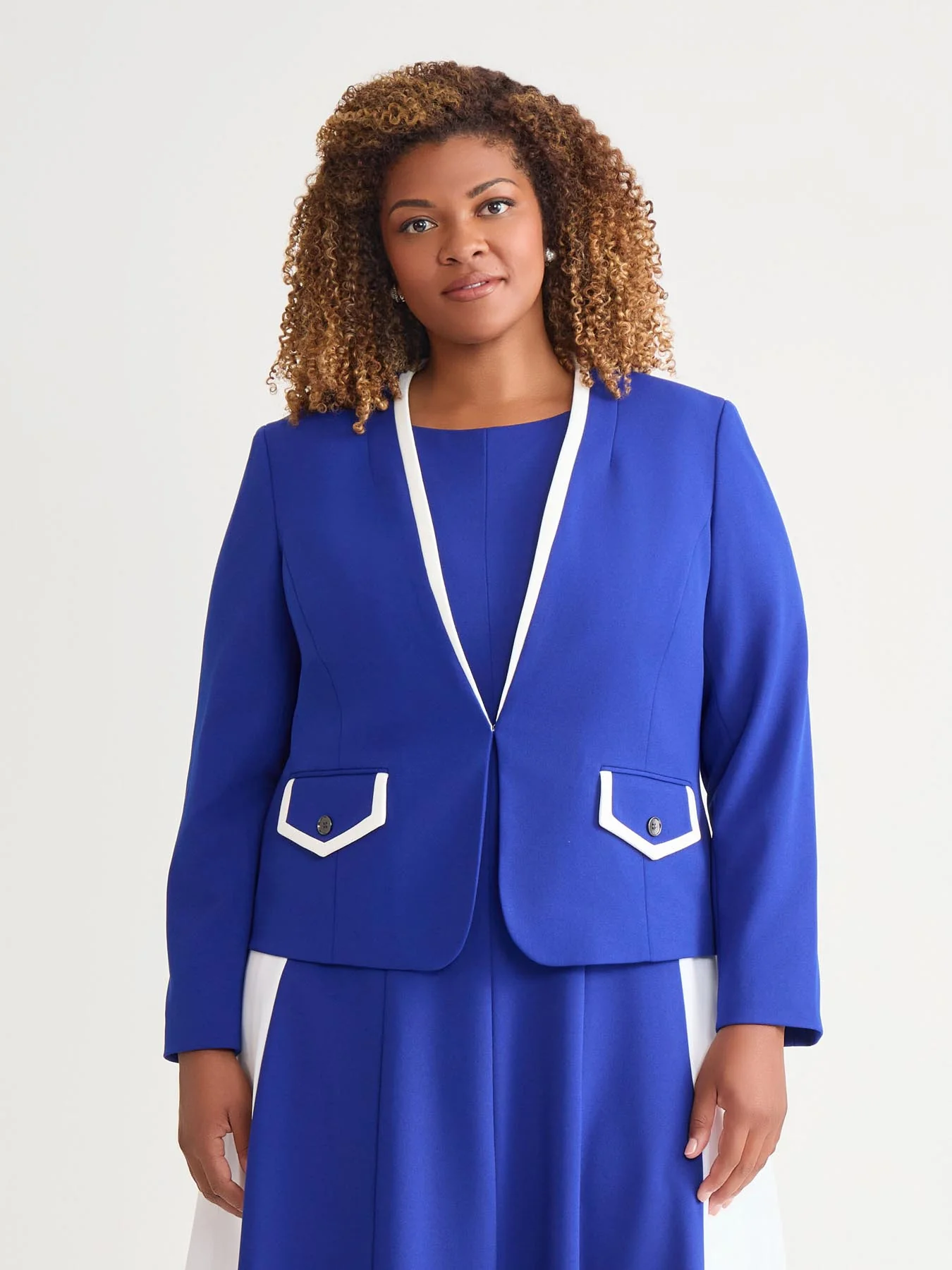 Framed Collarless Jacket, Royal Signature/White - Image 2