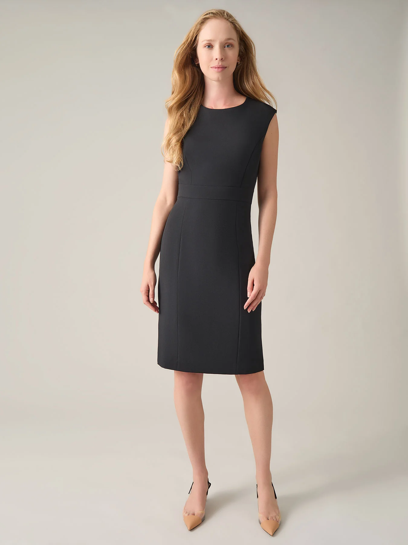 Jewel Neck Waistband Sheath Dress, Stretch Crepe