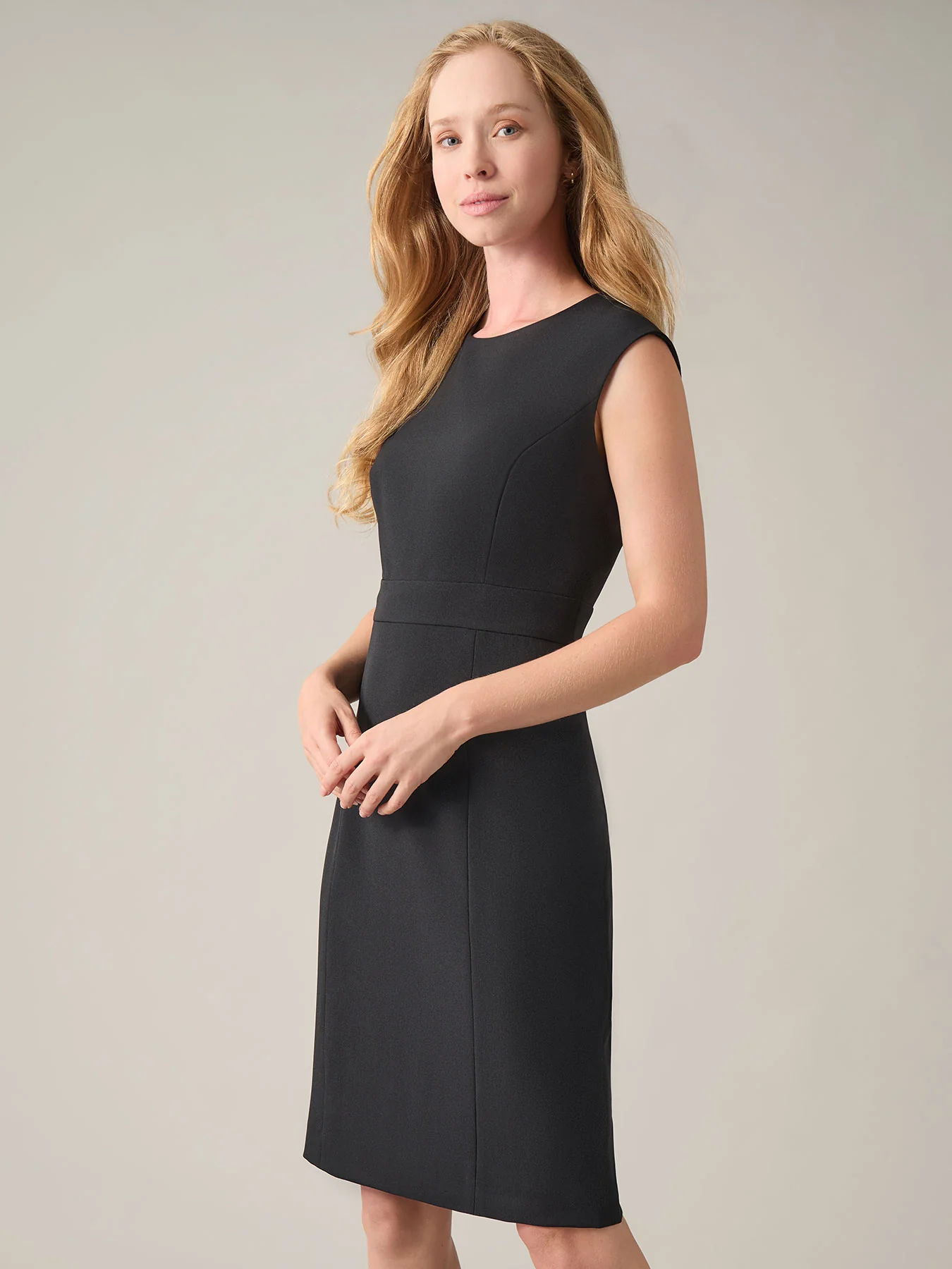 Jewel Neck Waistband Sheath Dress, Stretch Crepe - Image 2