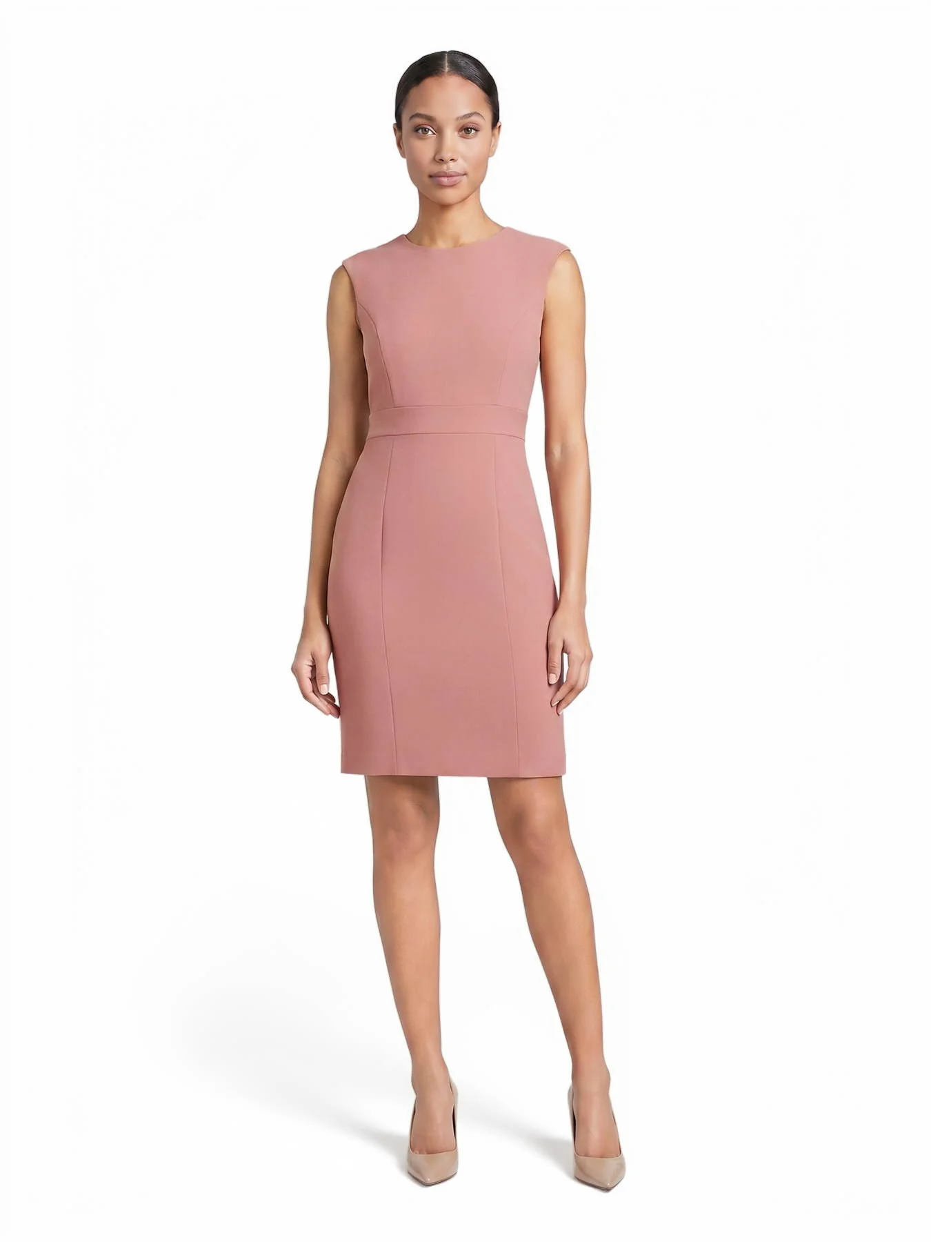 Plus Jewel Neck Waistband Sheath Dress, Stretch Crepe