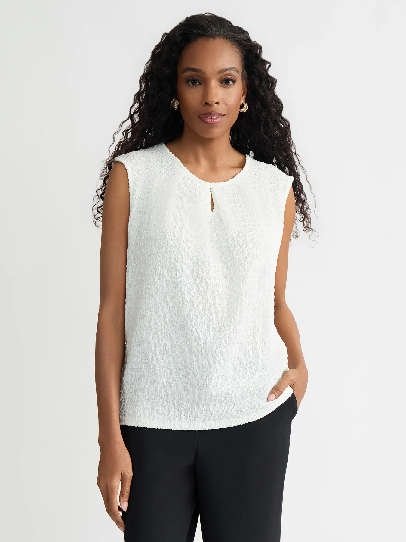 Keyhole Pleat Neck Top, Crinkle Knit