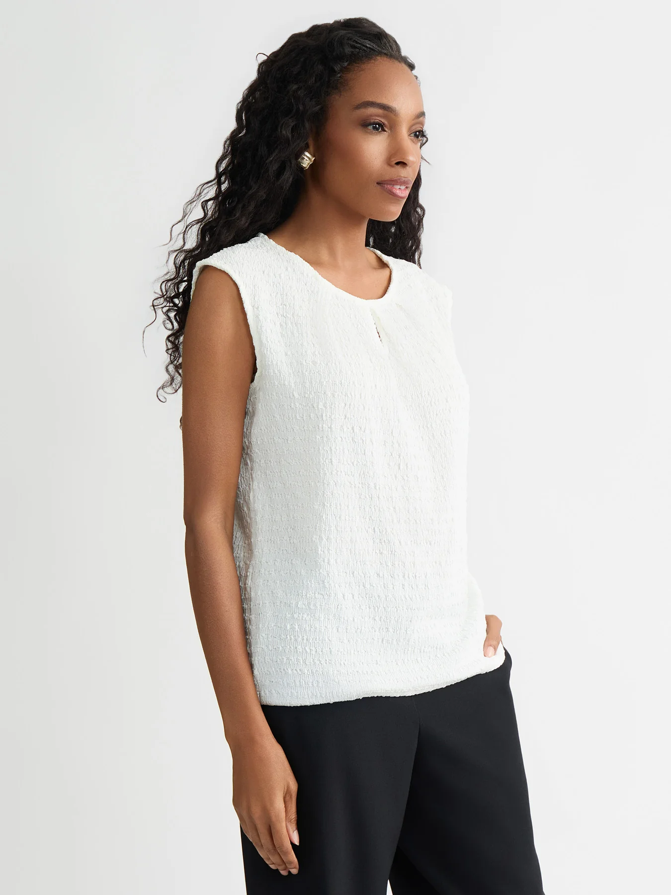 Keyhole Pleat Neck Top, Crinkle Knit - Image 3