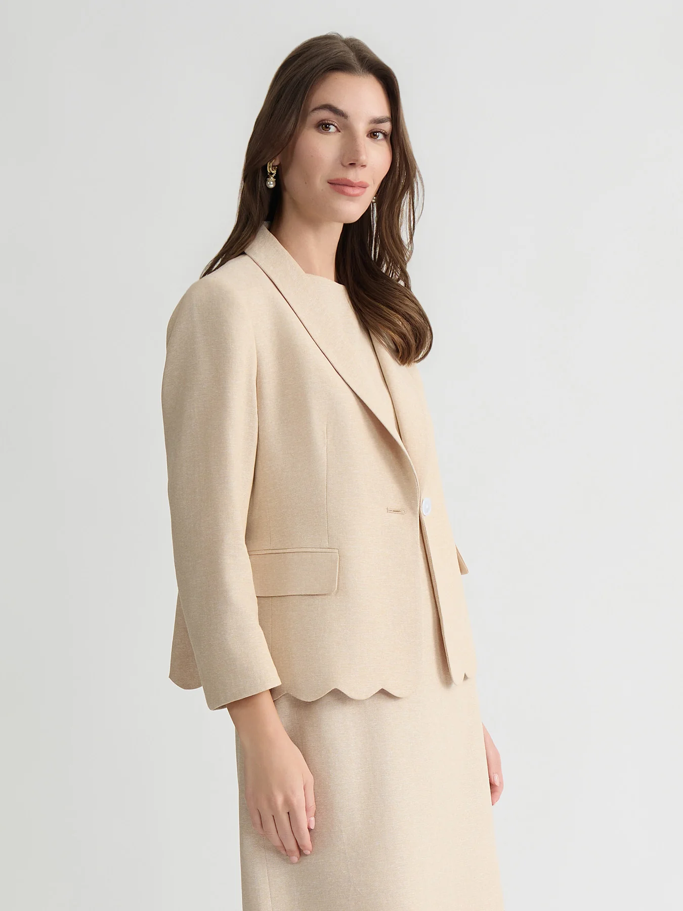 One Button Blazer, Linen Scallop Hem - Image 3