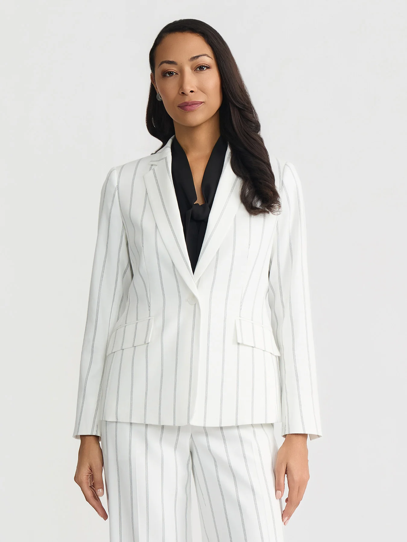 One Button Princess Seam Blazer, Pinstripe Crepe