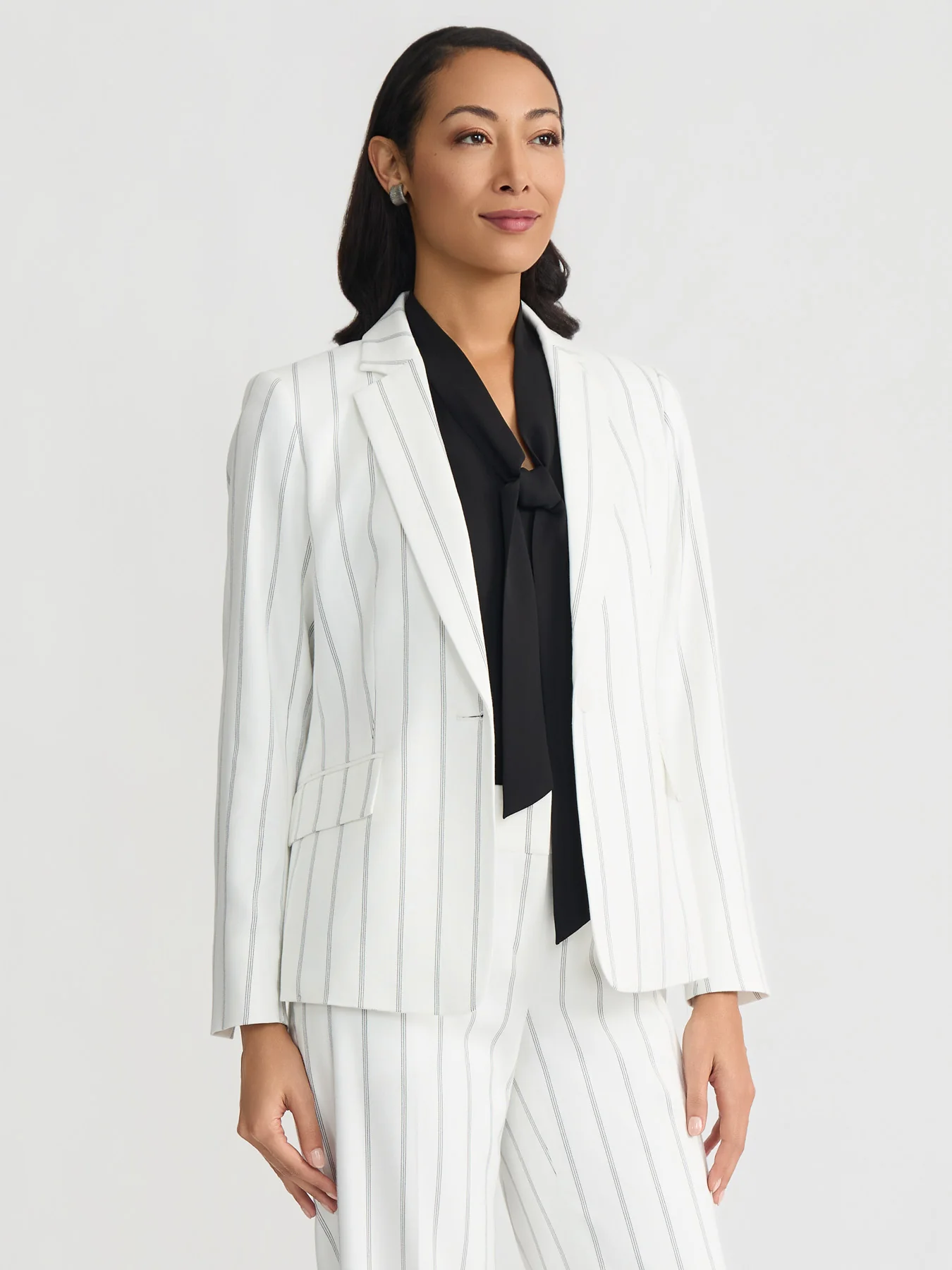One Button Princess Seam Blazer, Pinstripe Crepe - Image 2