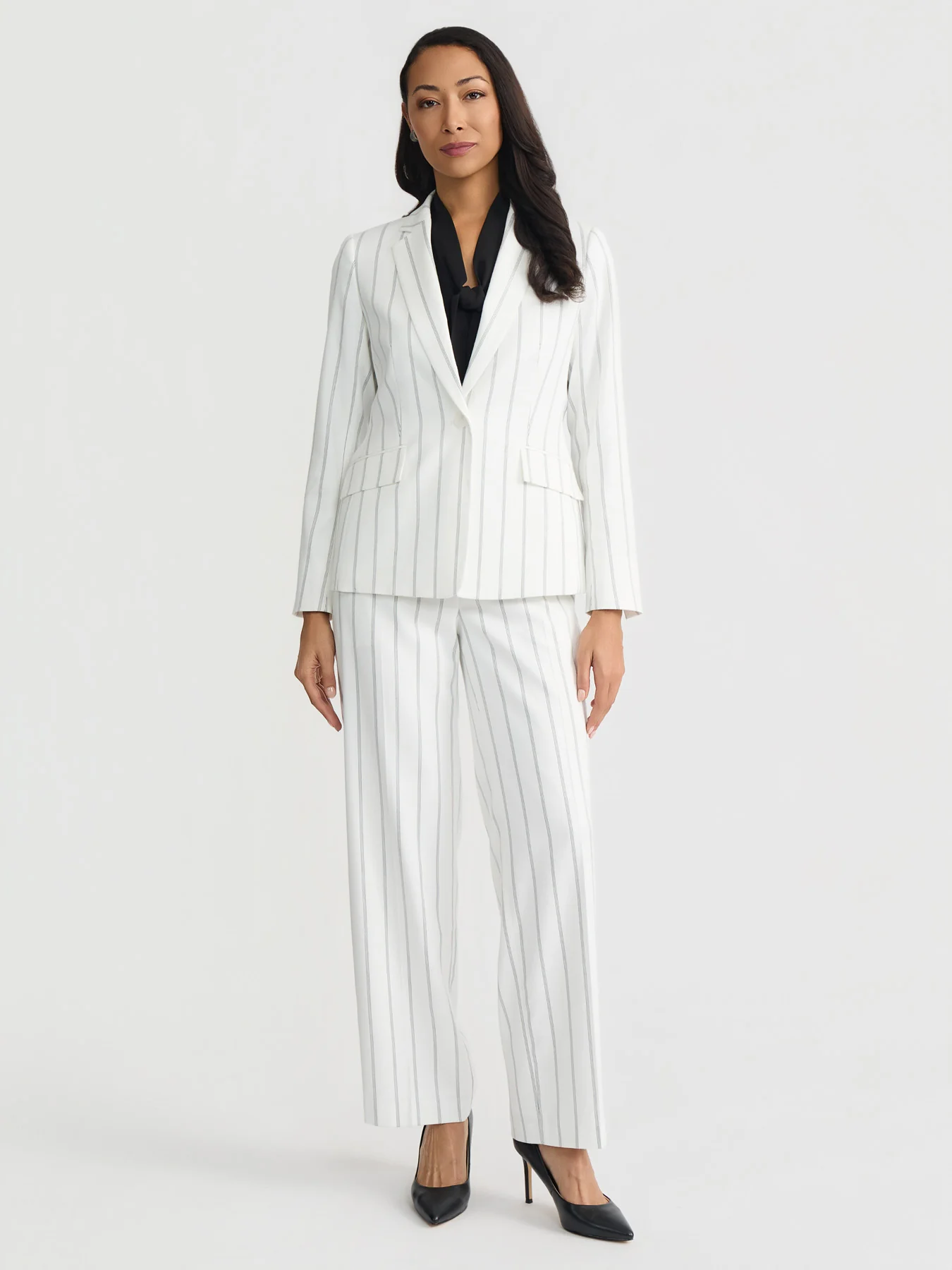 One Button Princess Seam Blazer, Pinstripe Crepe - Image 5