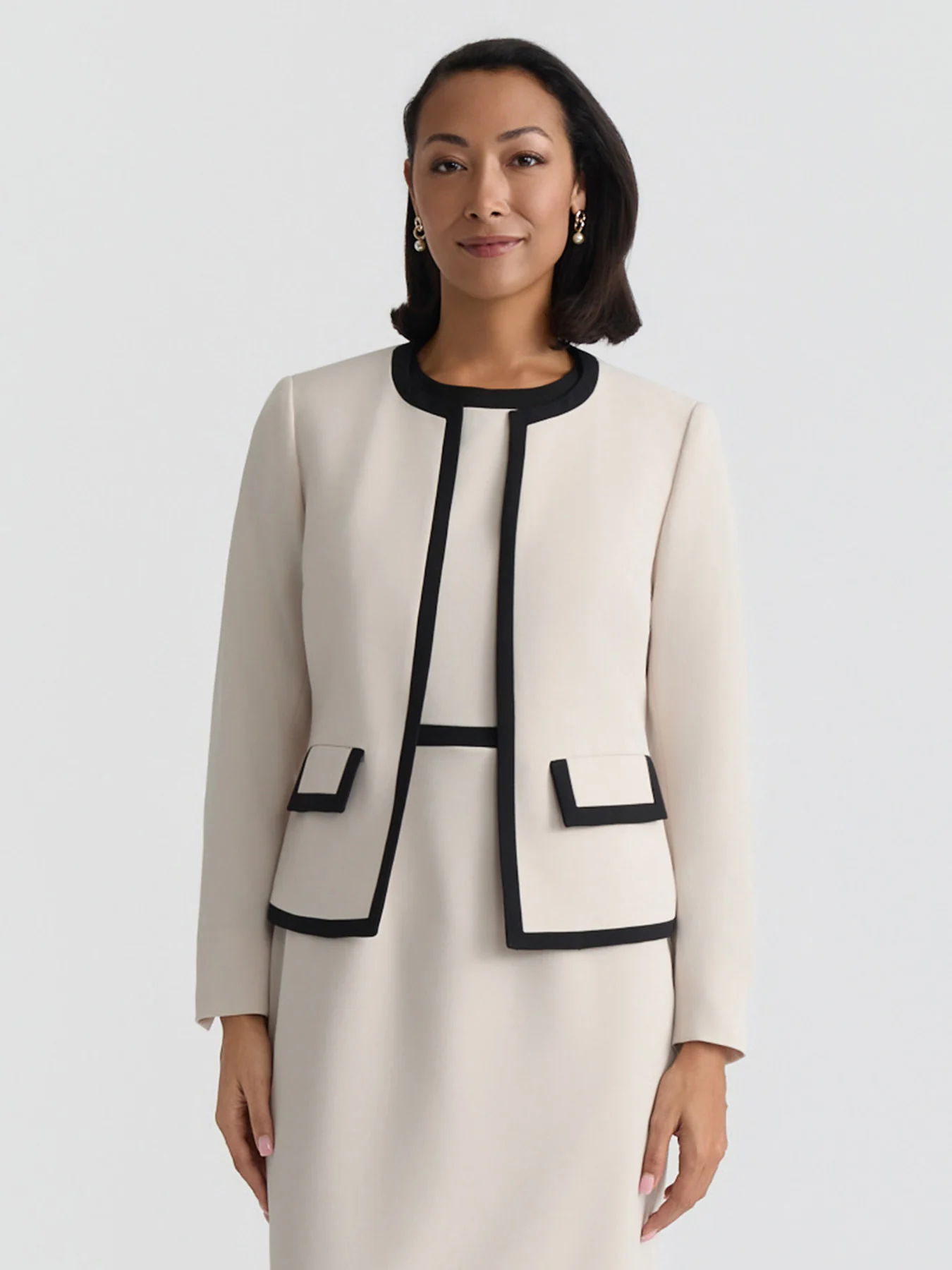 Open Front Contrast Trim Jacket, Stretch Crepe