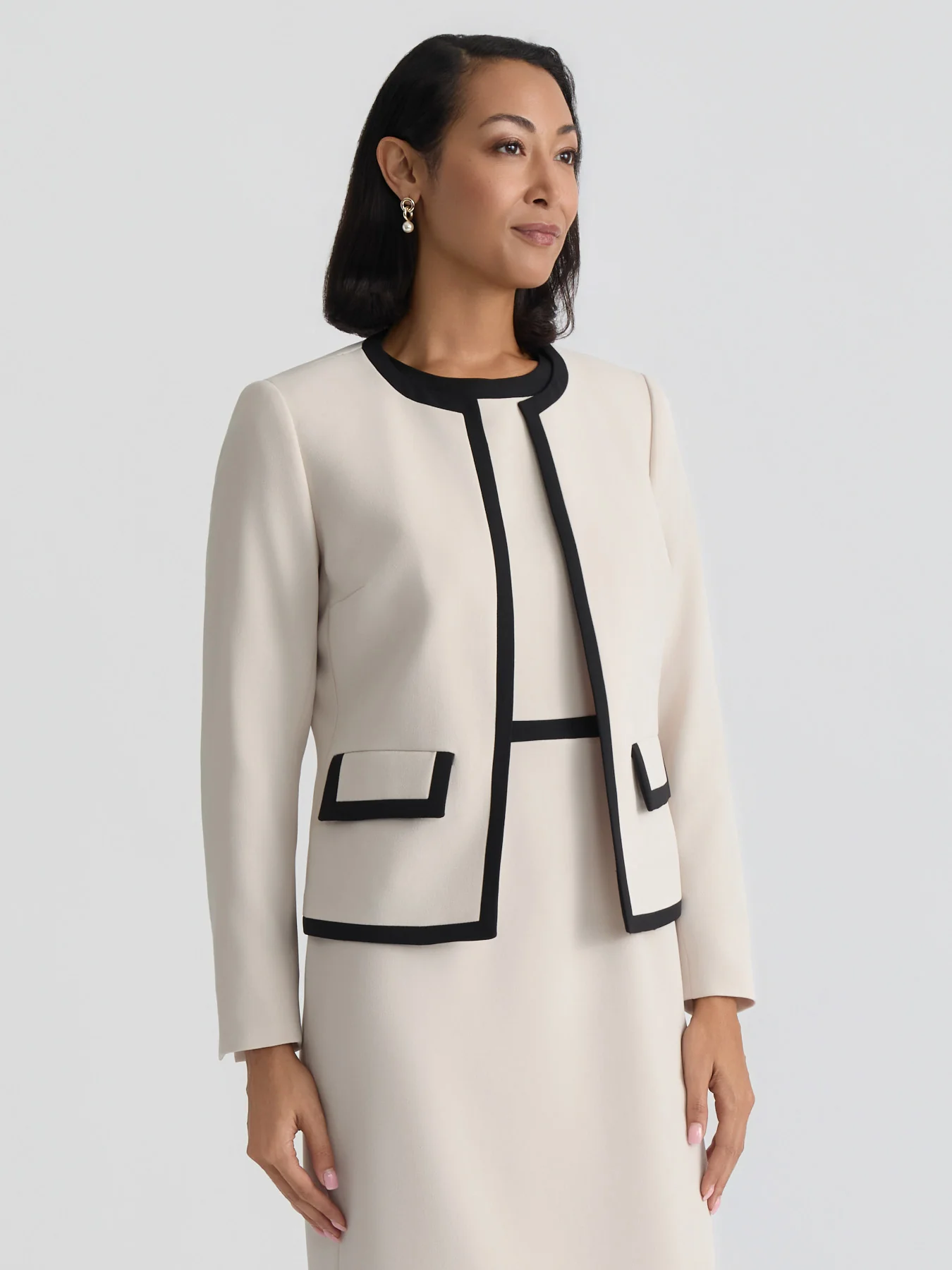 Open Front Contrast Trim Jacket, Stretch Crepe - Image 2