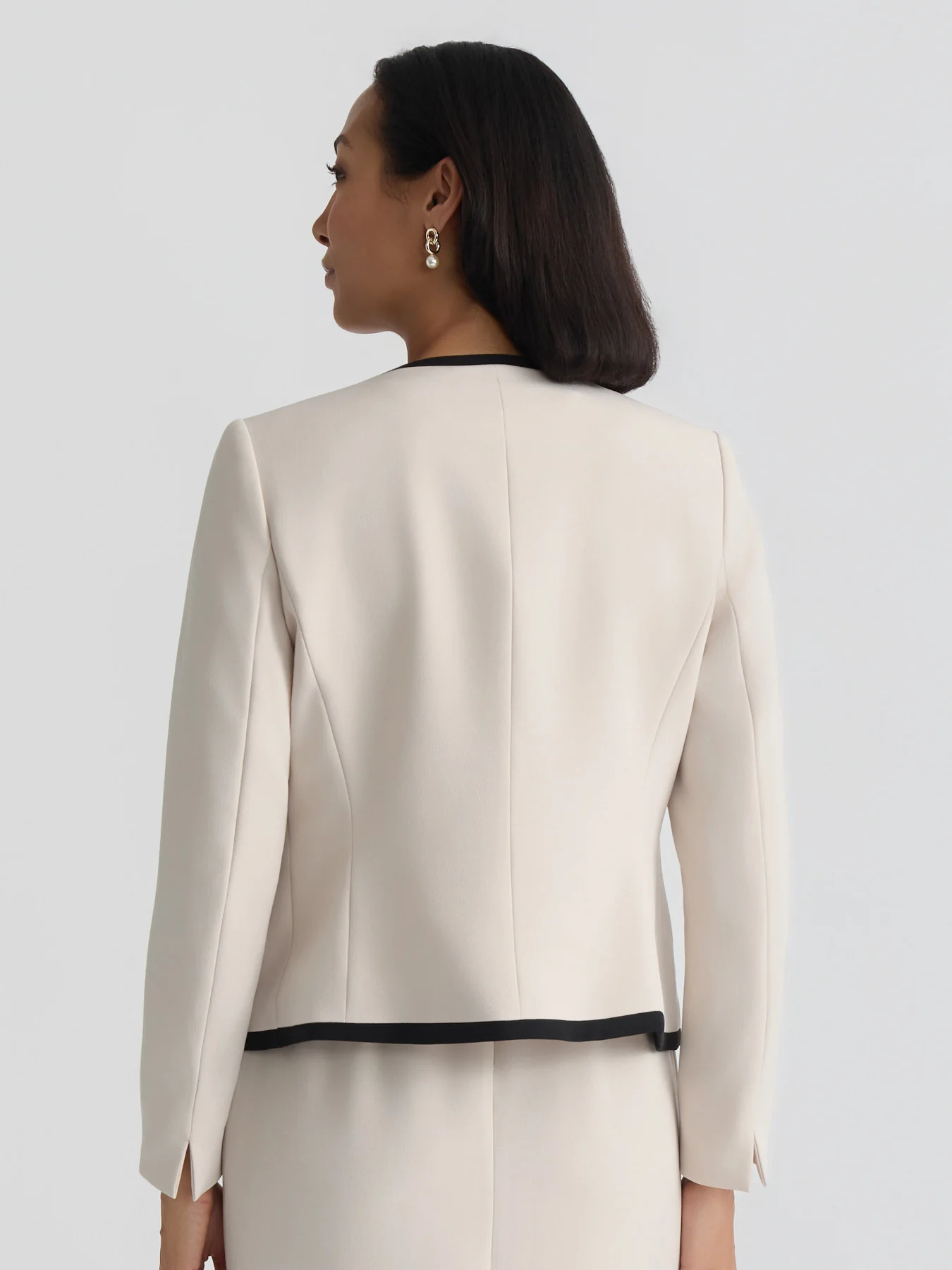 Open Front Contrast Trim Jacket, Stretch Crepe - Image 3
