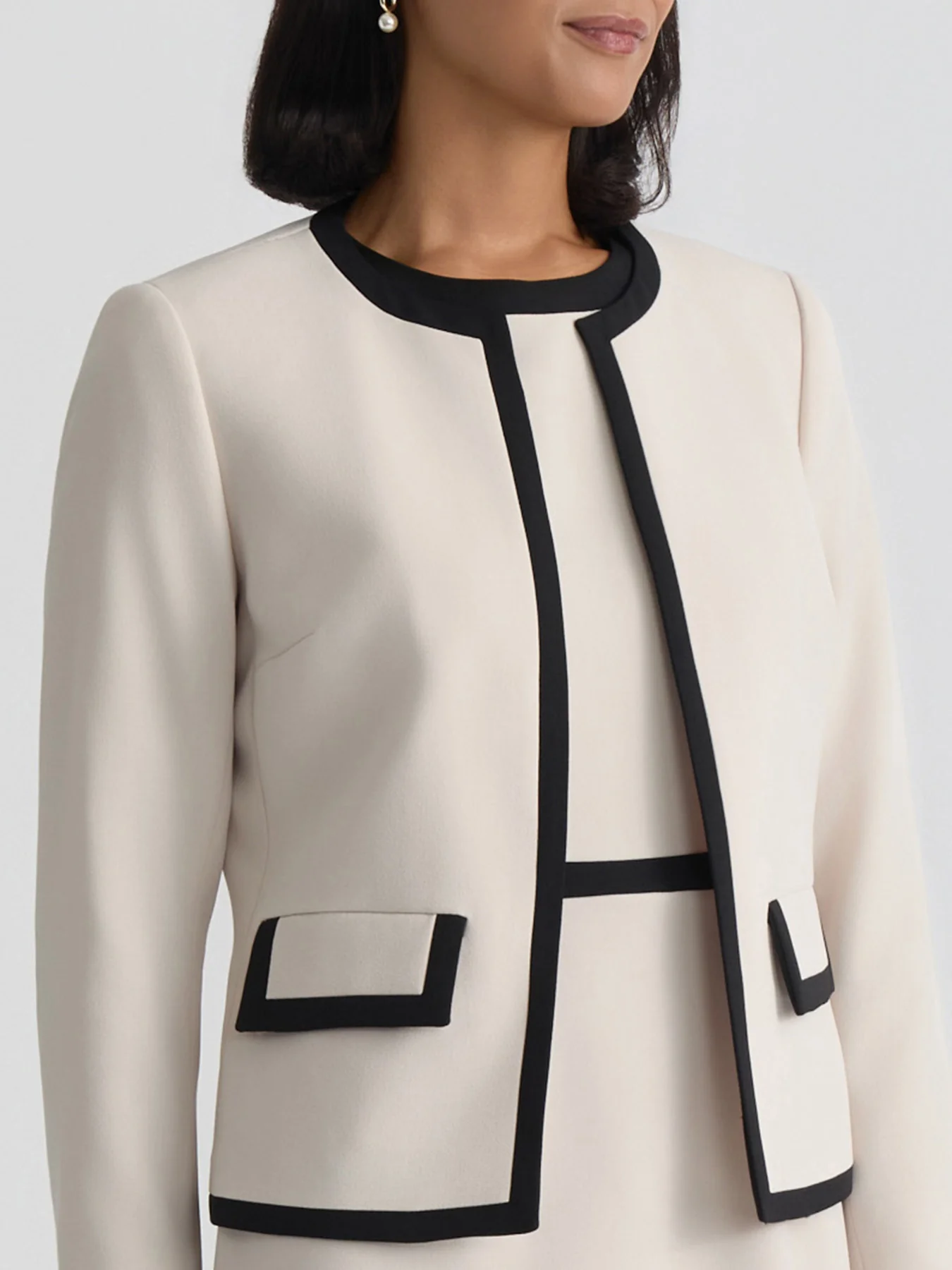 Open Front Contrast Trim Jacket, Stretch Crepe - Image 4