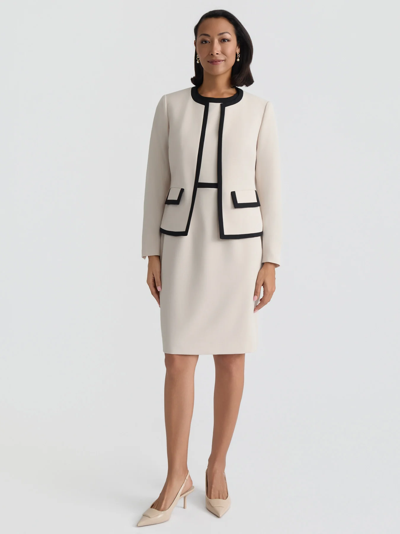 Open Front Contrast Trim Jacket, Stretch Crepe - Image 5