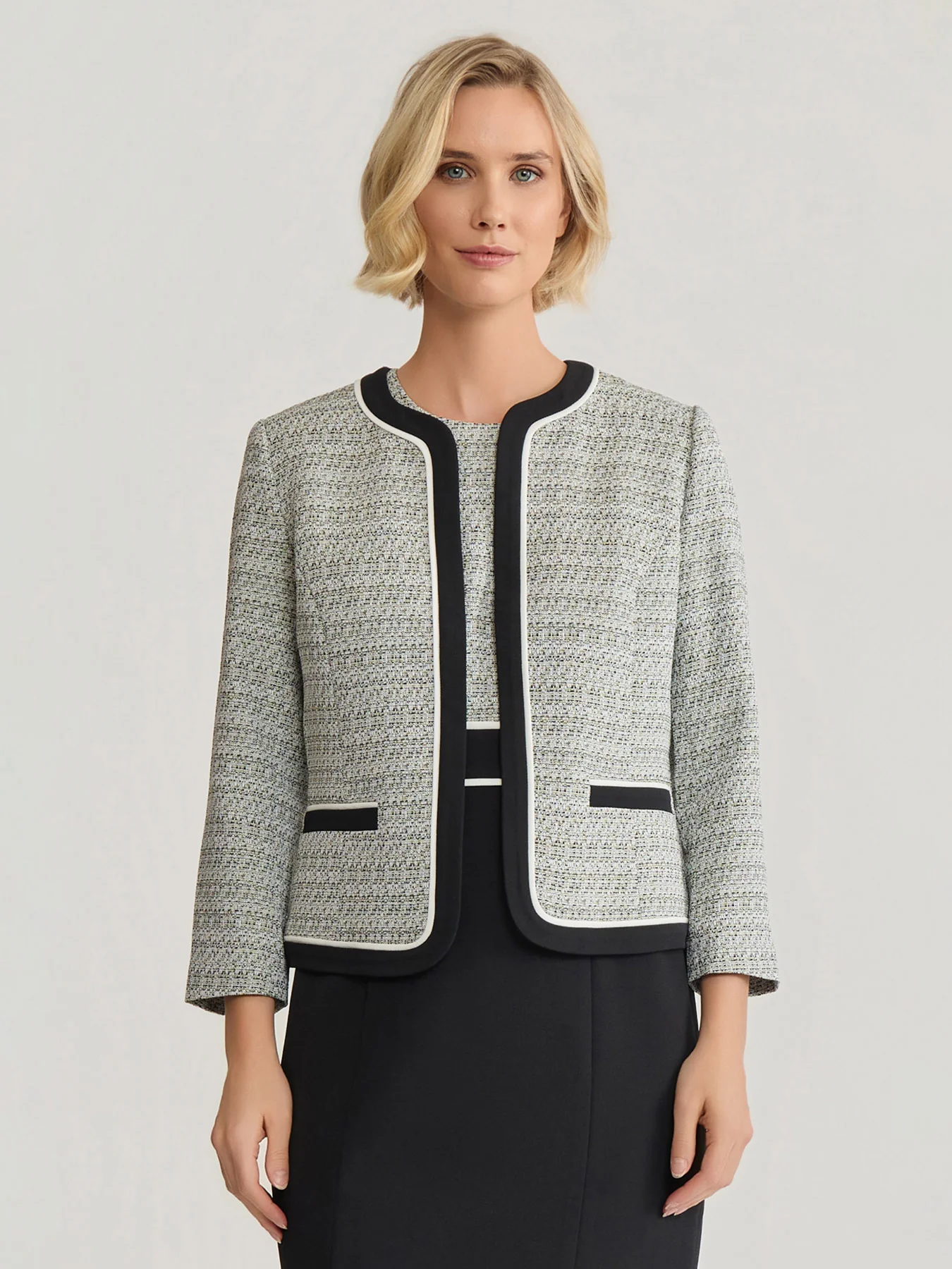 Open Front Contrast Trim Jacket, Tweed