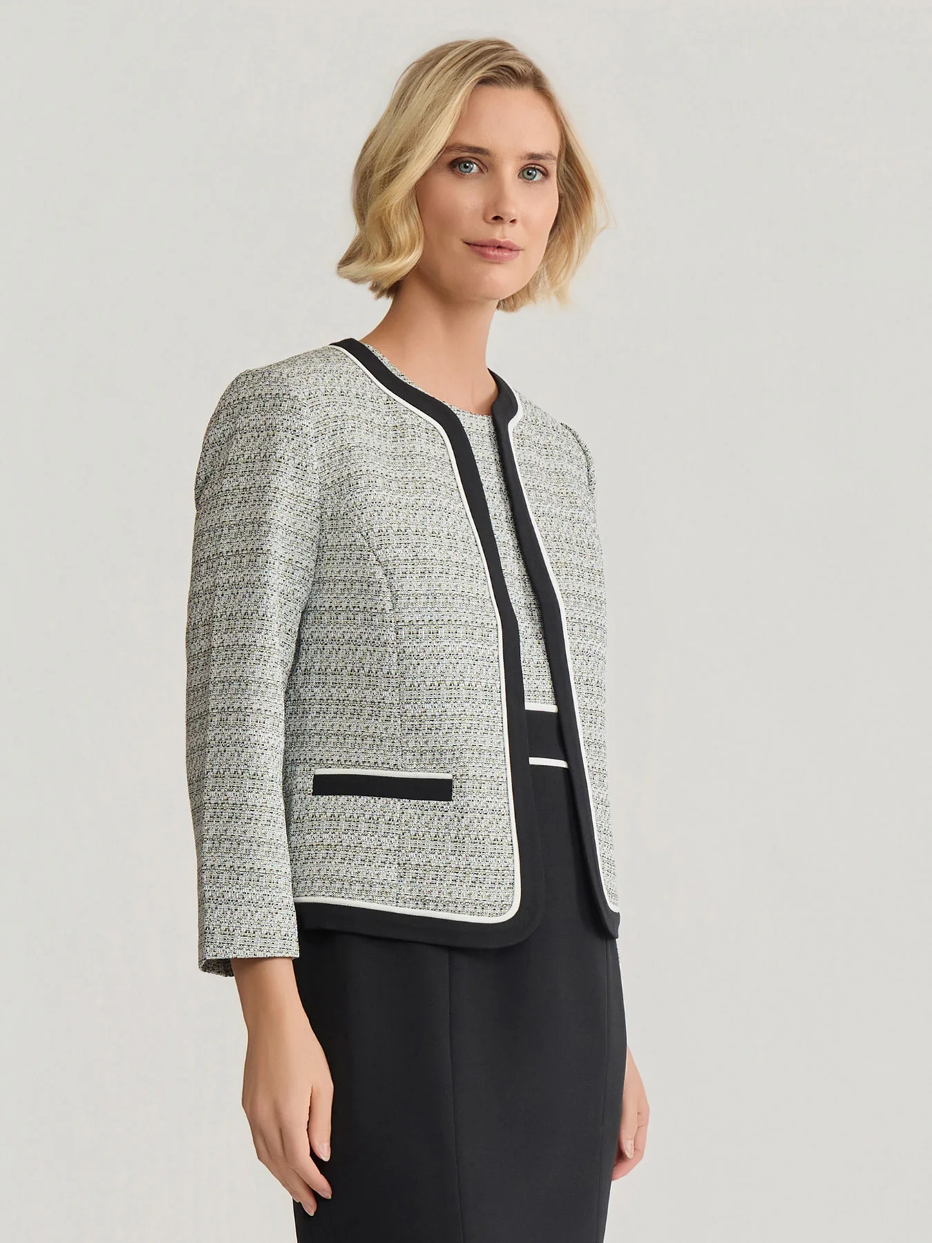 Open Front Contrast Trim Jacket, Tweed - Image 2