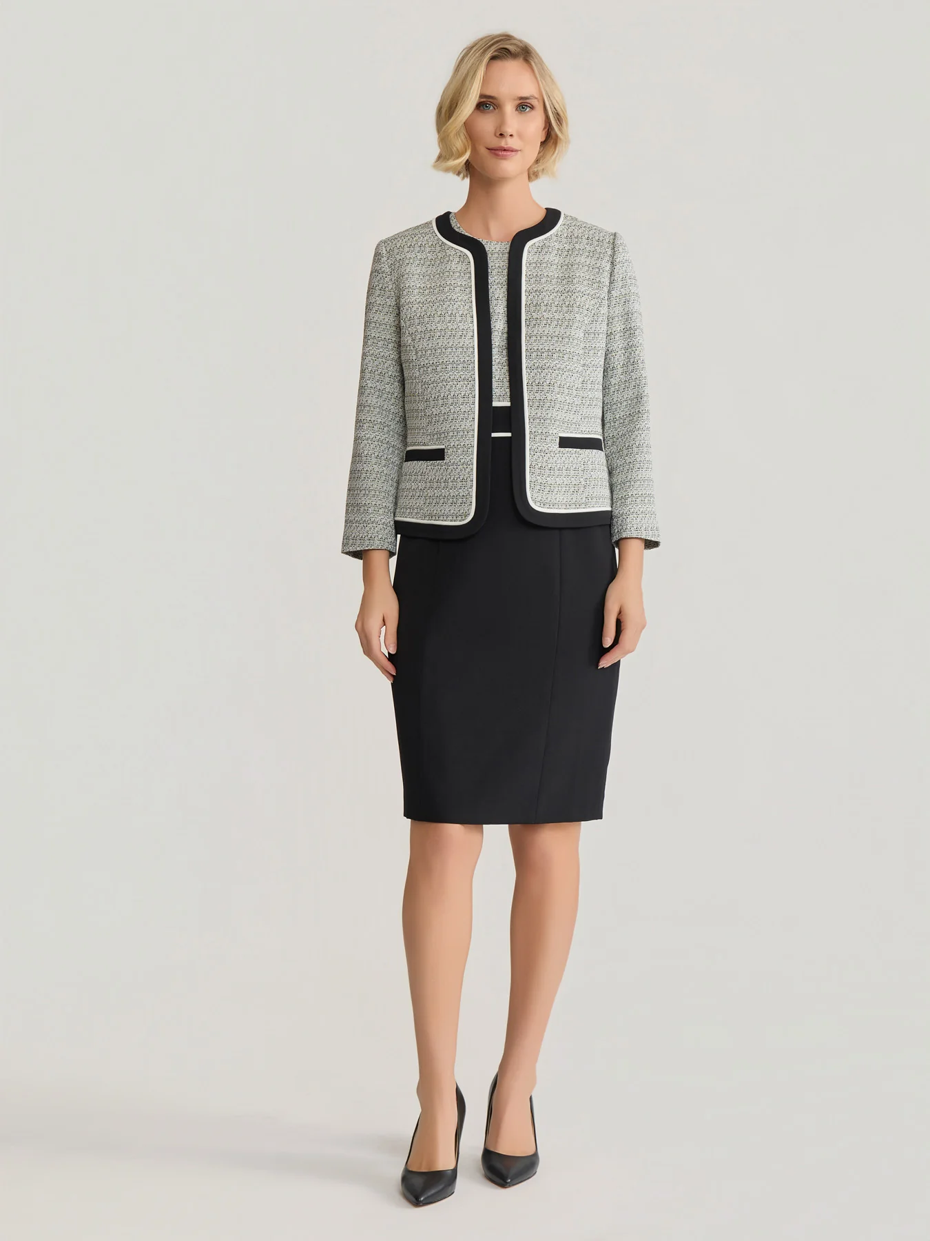 Open Front Contrast Trim Jacket, Tweed - Image 5