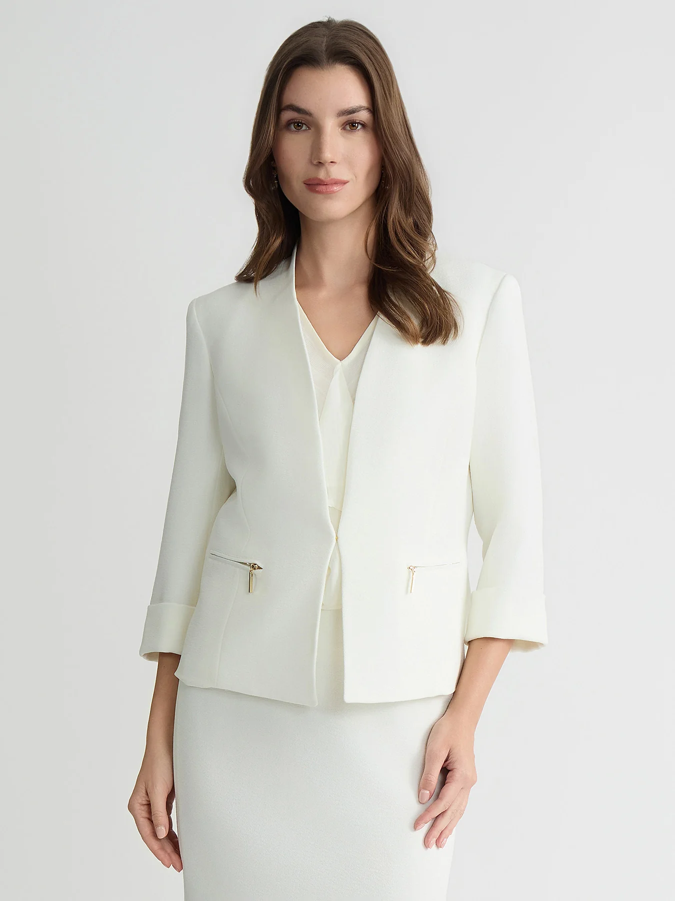 Open Front Seamed Jacket, Pebble Crepe