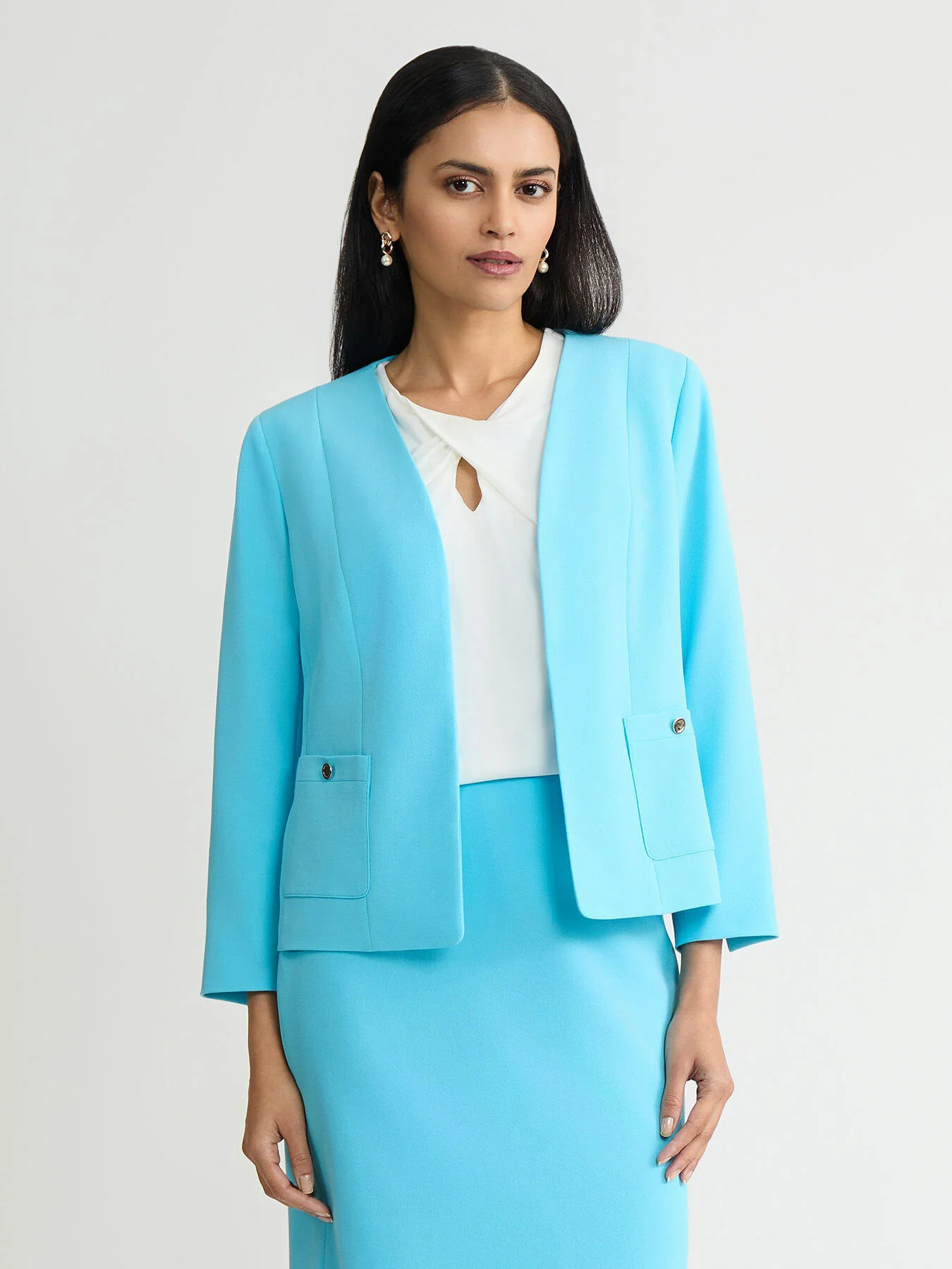 Open Front Seamed Jacket, Stretch Crepe
