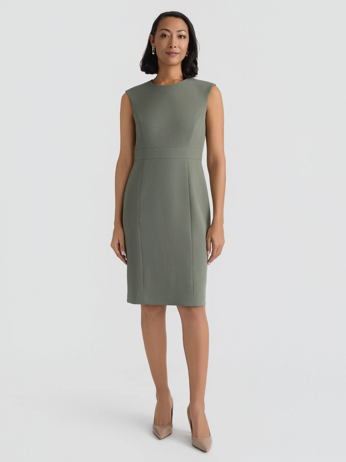 Jewel Neck Waistband Sheath Dress, Stretch Crepe