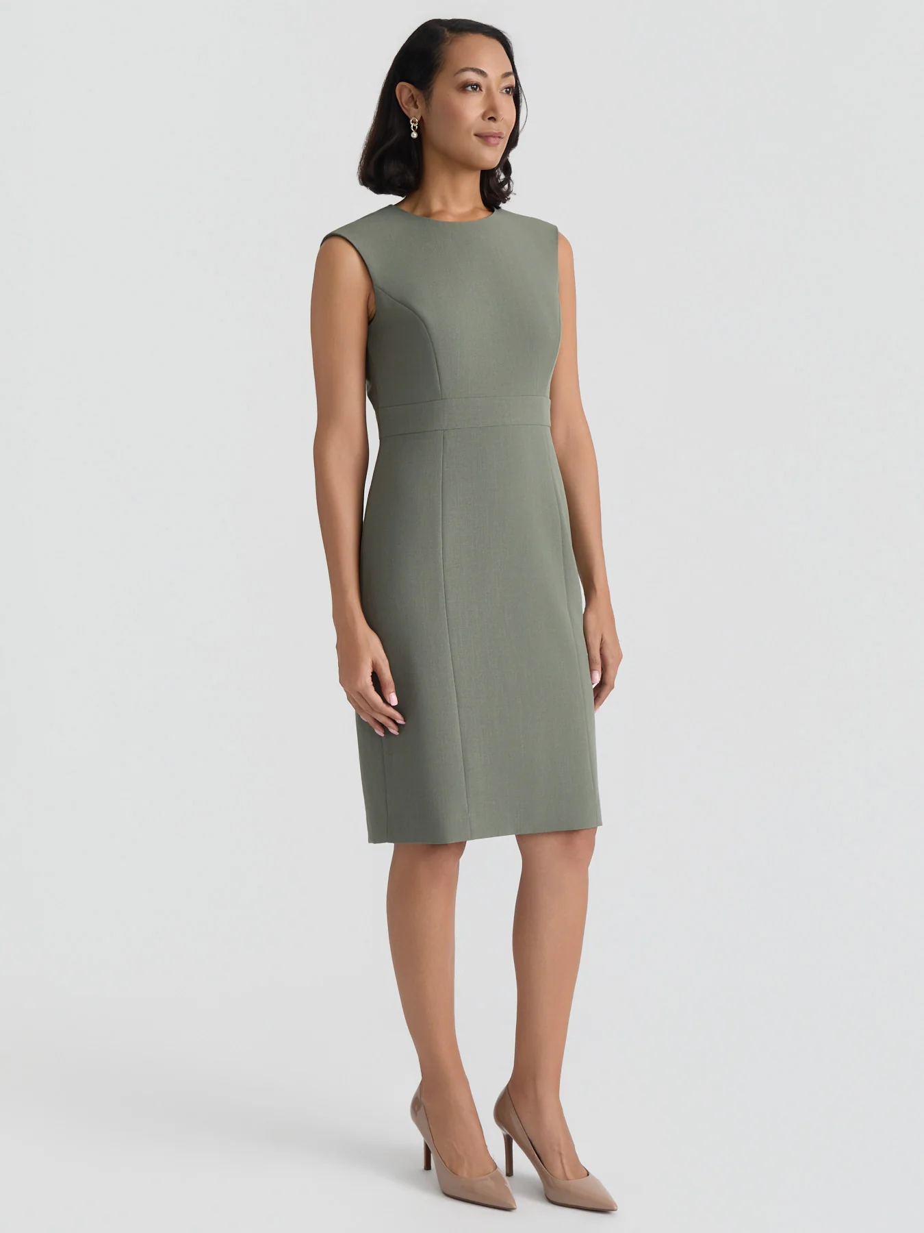 Jewel Neck Waistband Sheath Dress, Stretch Crepe - Image 3
