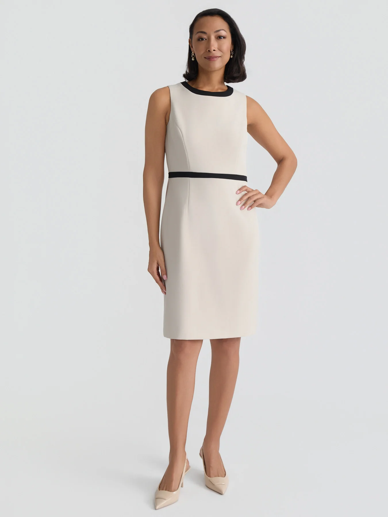 Jewel Neck Waistband Sheath Dress, Stretch Crepe