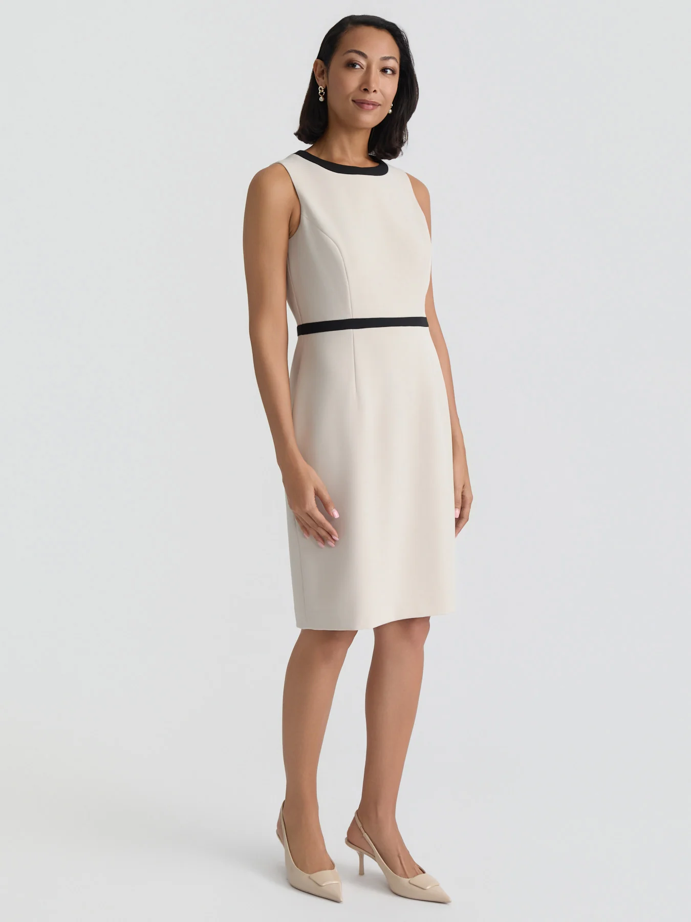 Jewel Neck Waistband Sheath Dress, Stretch Crepe - Image 3