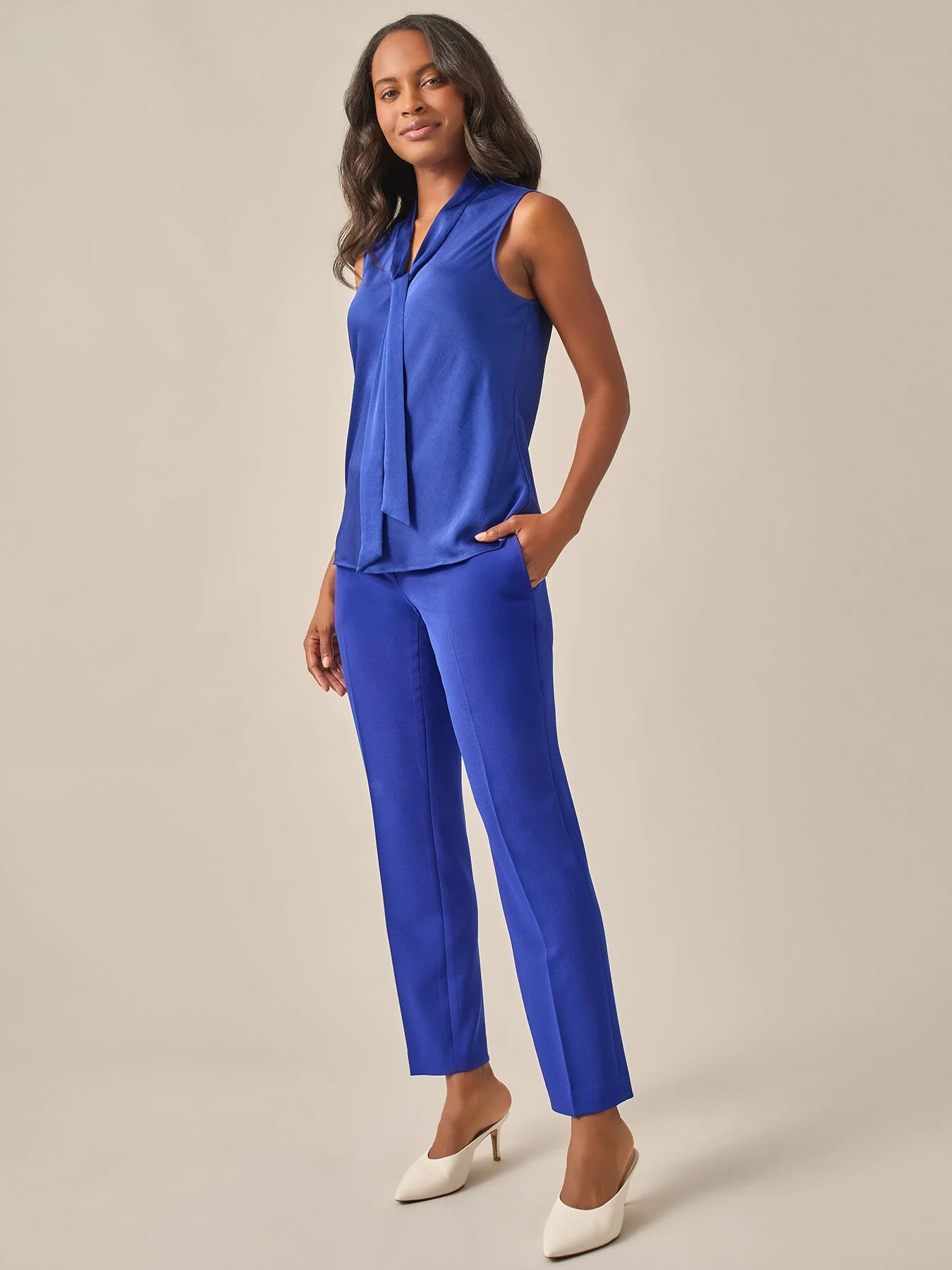 Petite Tie Neck Sleeveless Blouse, Textured Satin - Image 2