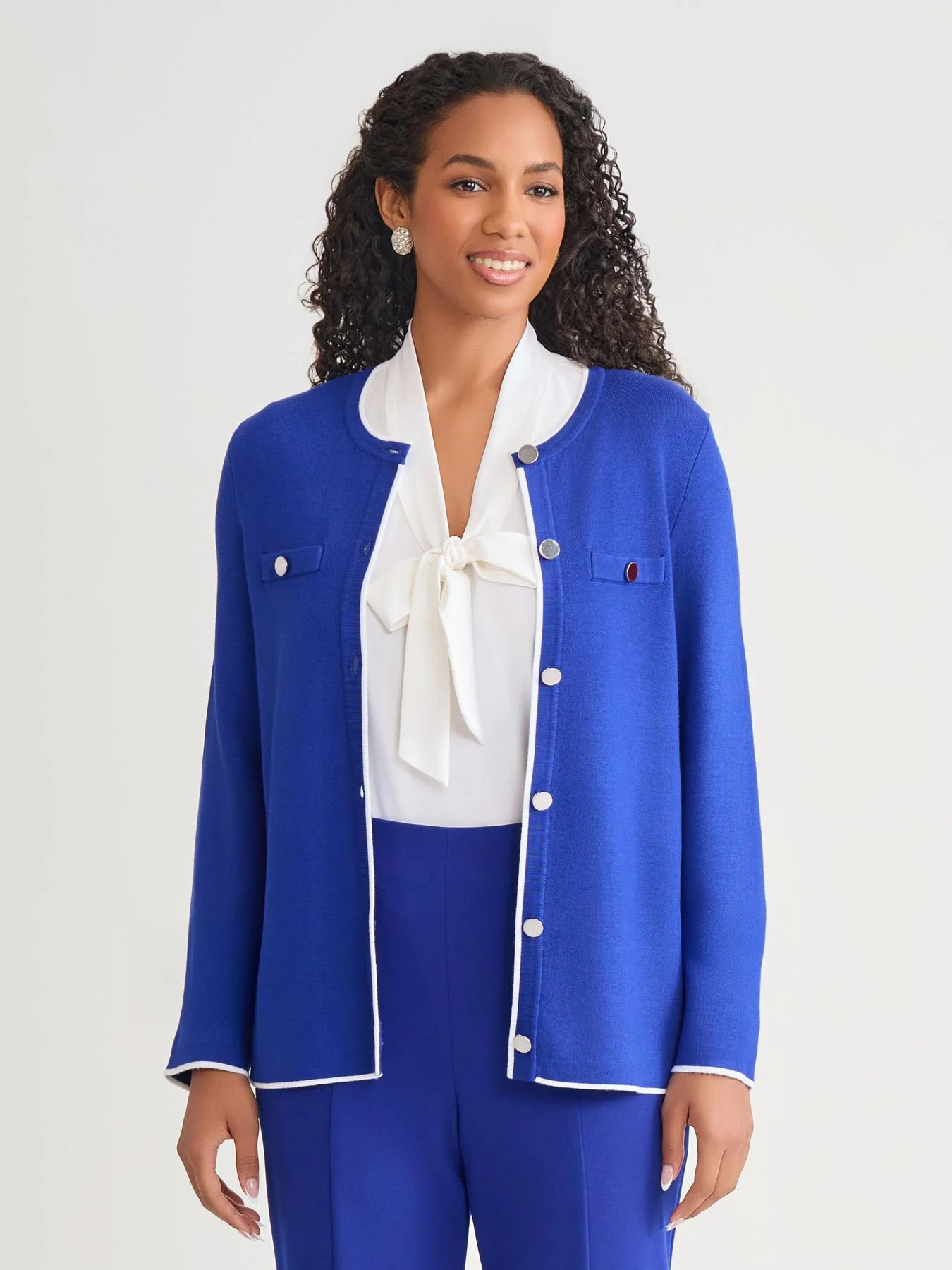 Piping Detail Cardigan, Royal Signature/White