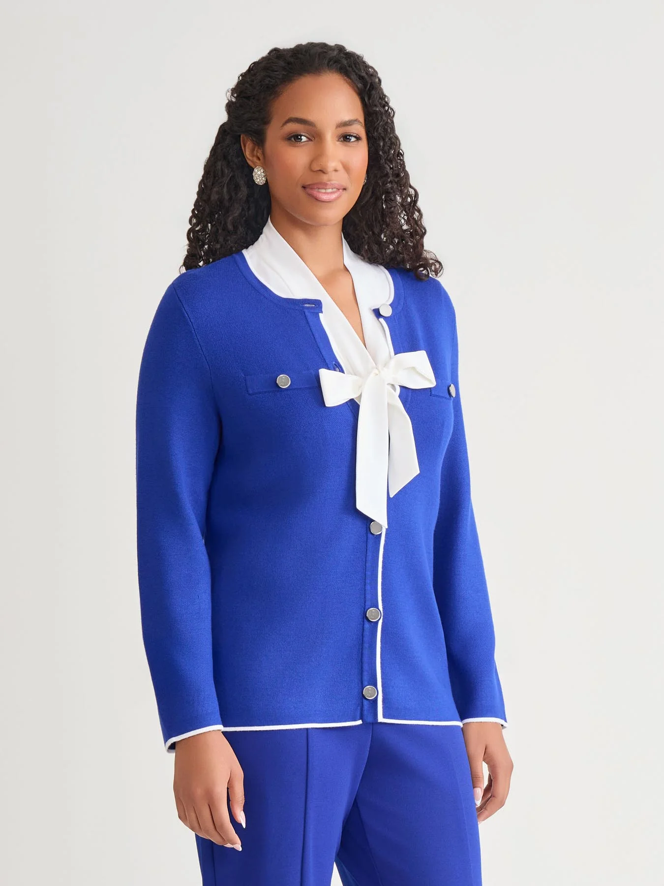 Piping Detail Cardigan, Royal Signature/White - Image 2