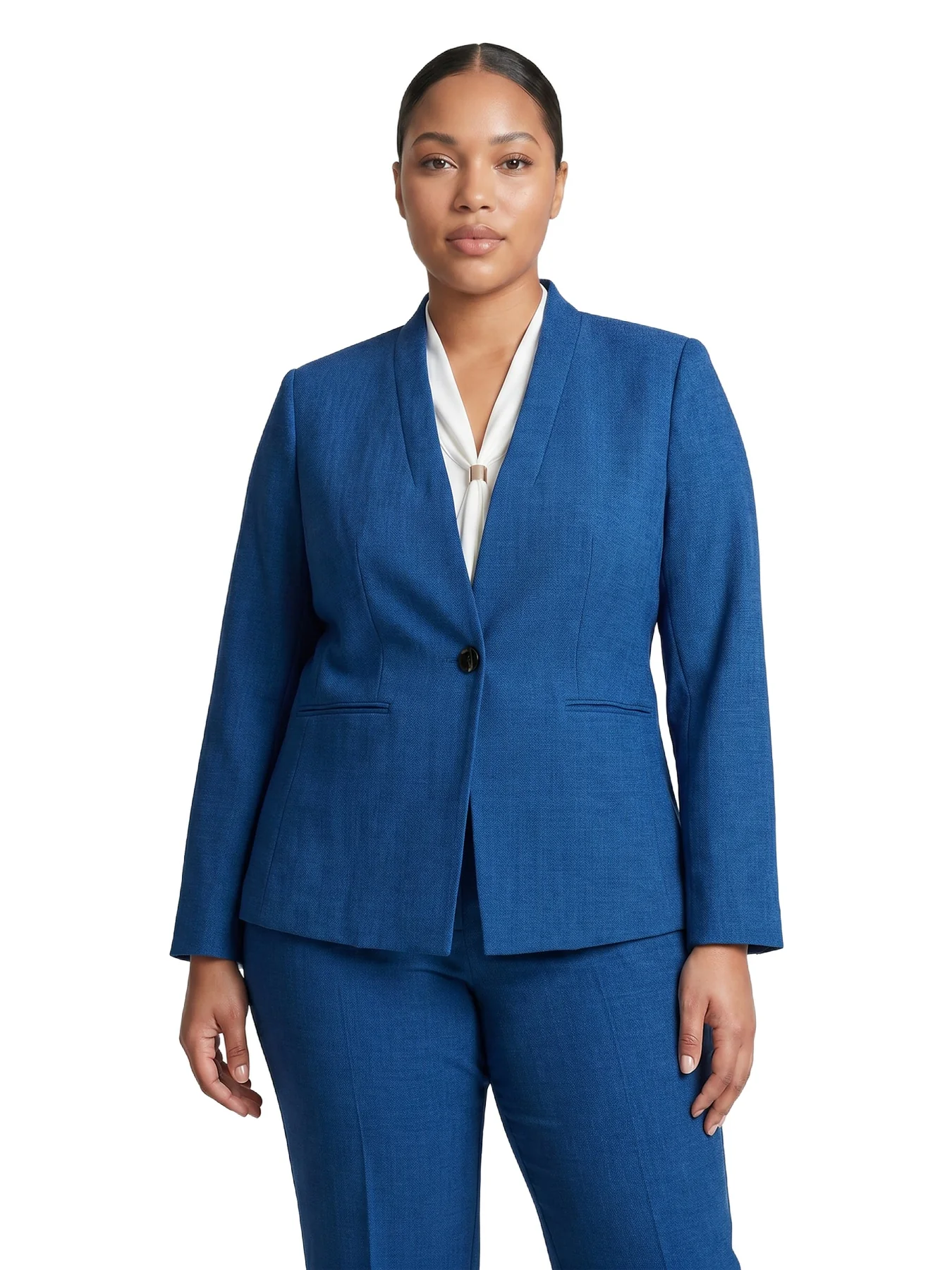 Plus Collarless One Button Jacket, Pebble Crepe