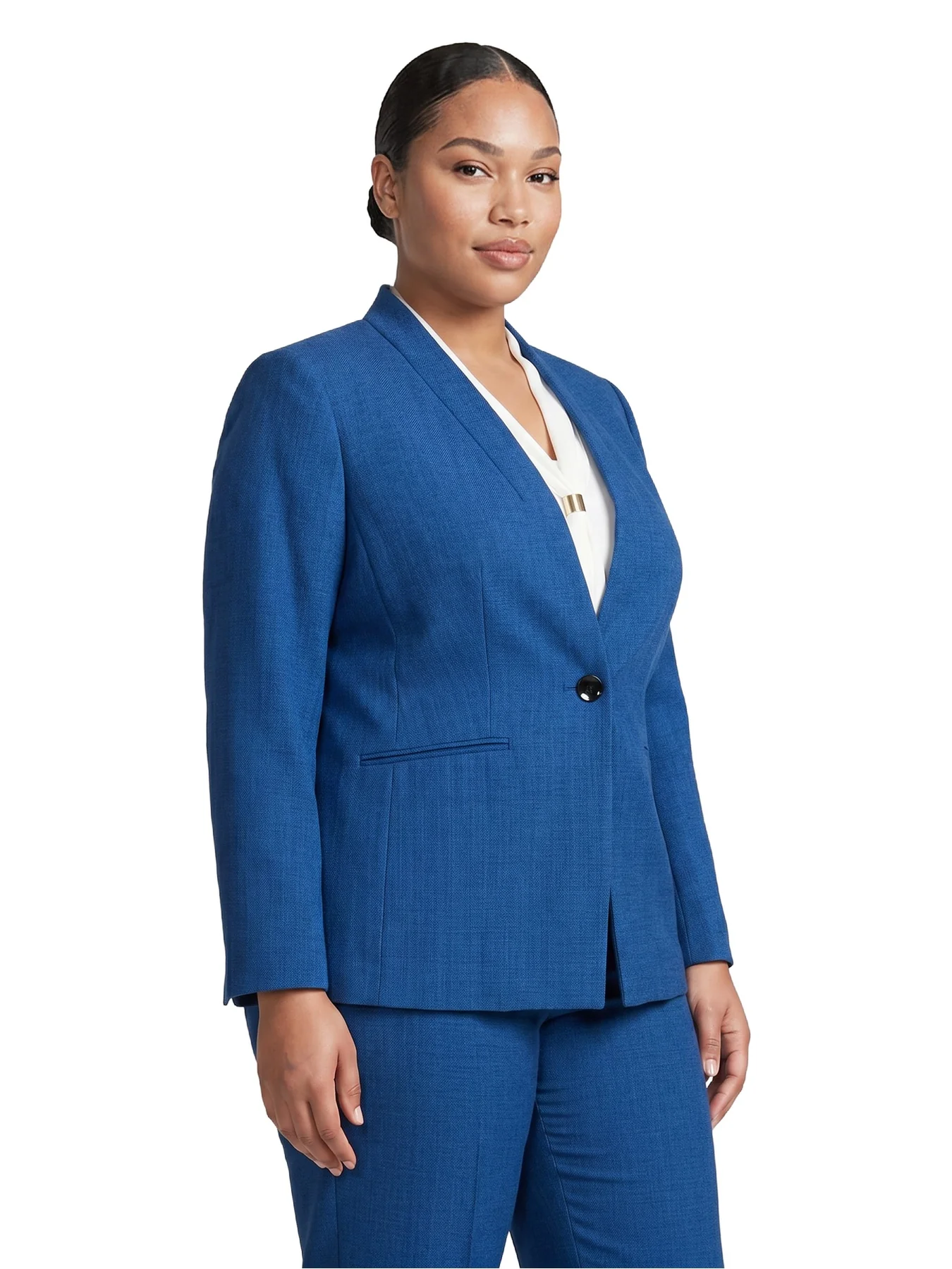 Plus Collarless One Button Jacket, Pebble Crepe - Image 2