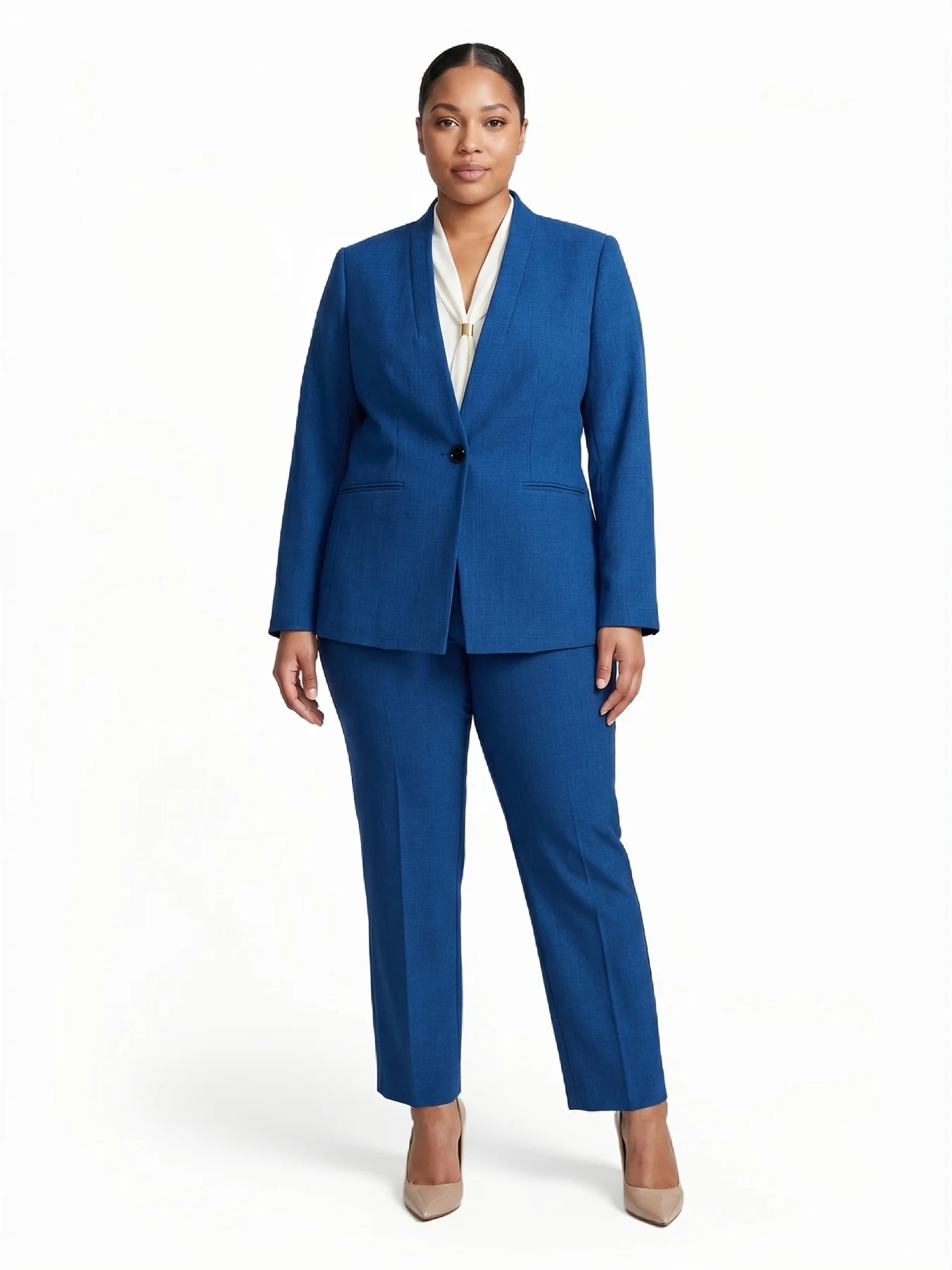 Plus Collarless One Button Jacket, Pebble Crepe - Image 5