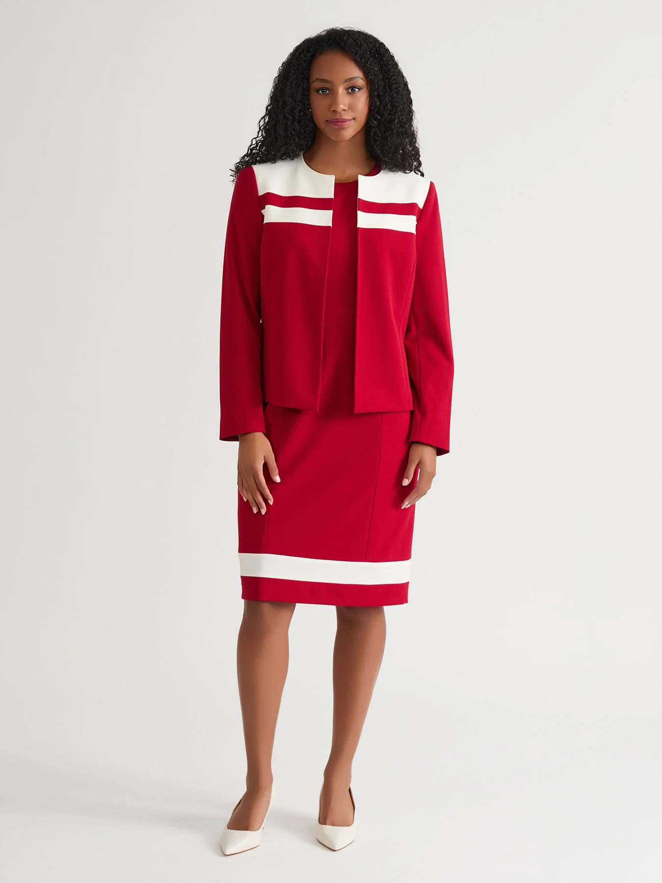 Plus Contrast Paneling Open Front Cardigan, Crimson - Image 5