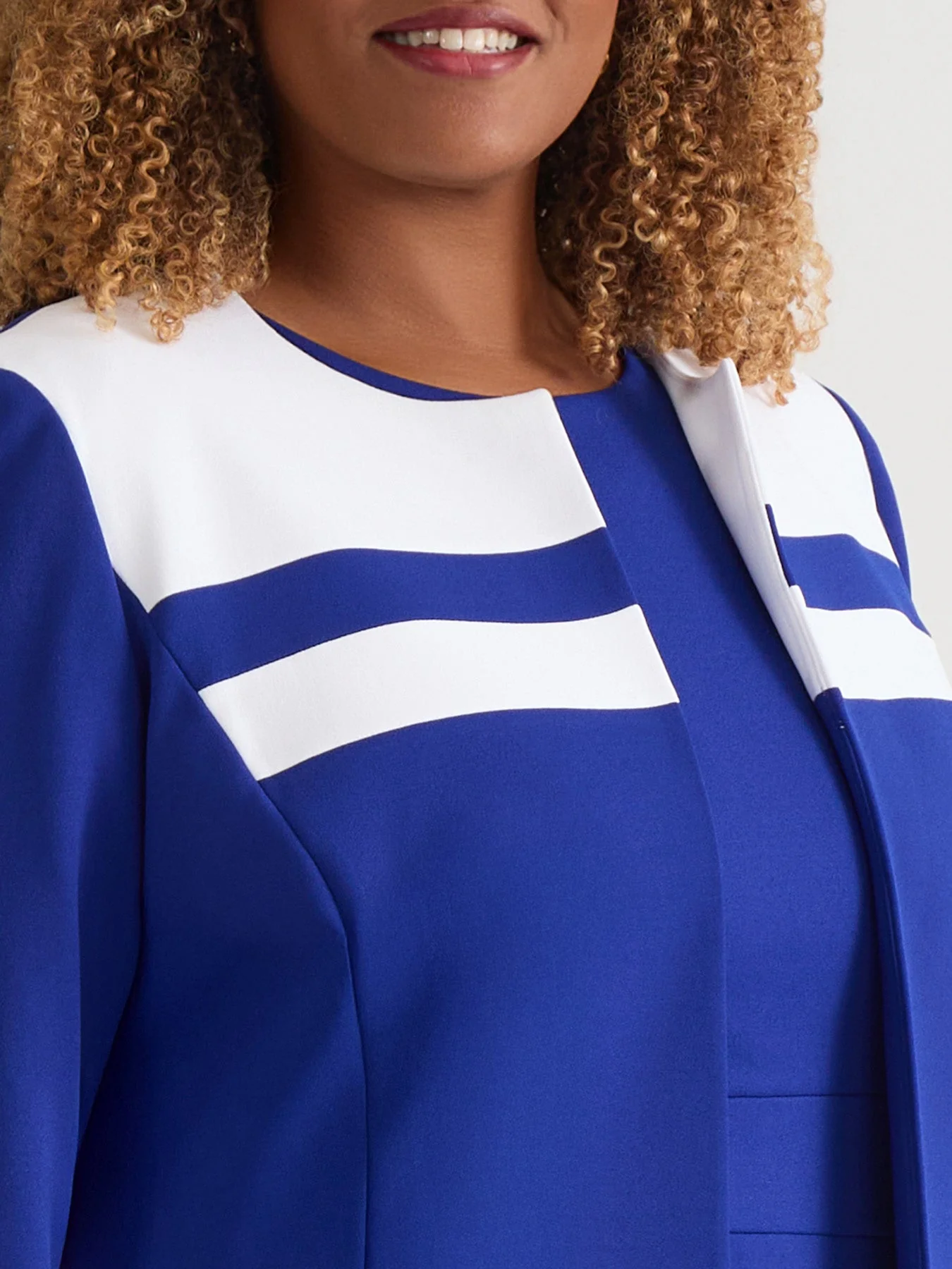 Plus Contrast Paneling Open Front Cardigan, Royal Signature/White - Image 3