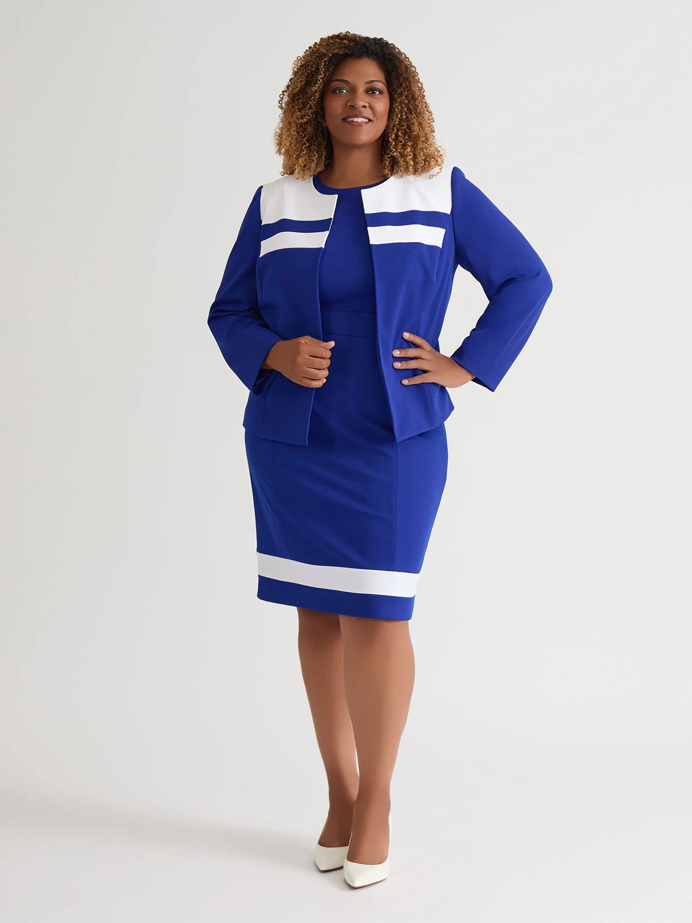 Plus Contrast Paneling Open Front Cardigan, Royal Signature/White - Image 5