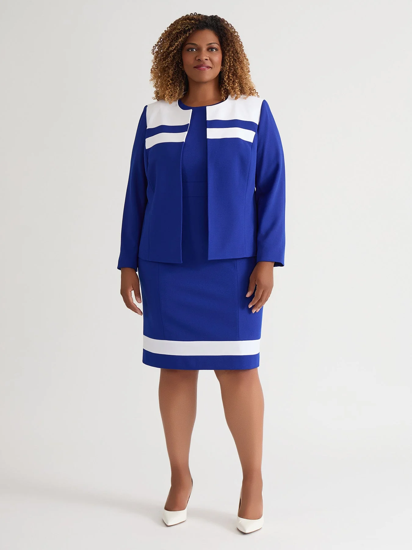 Plus Contrast Paneling Open Front Cardigan, Royal Signature/White - Image 6